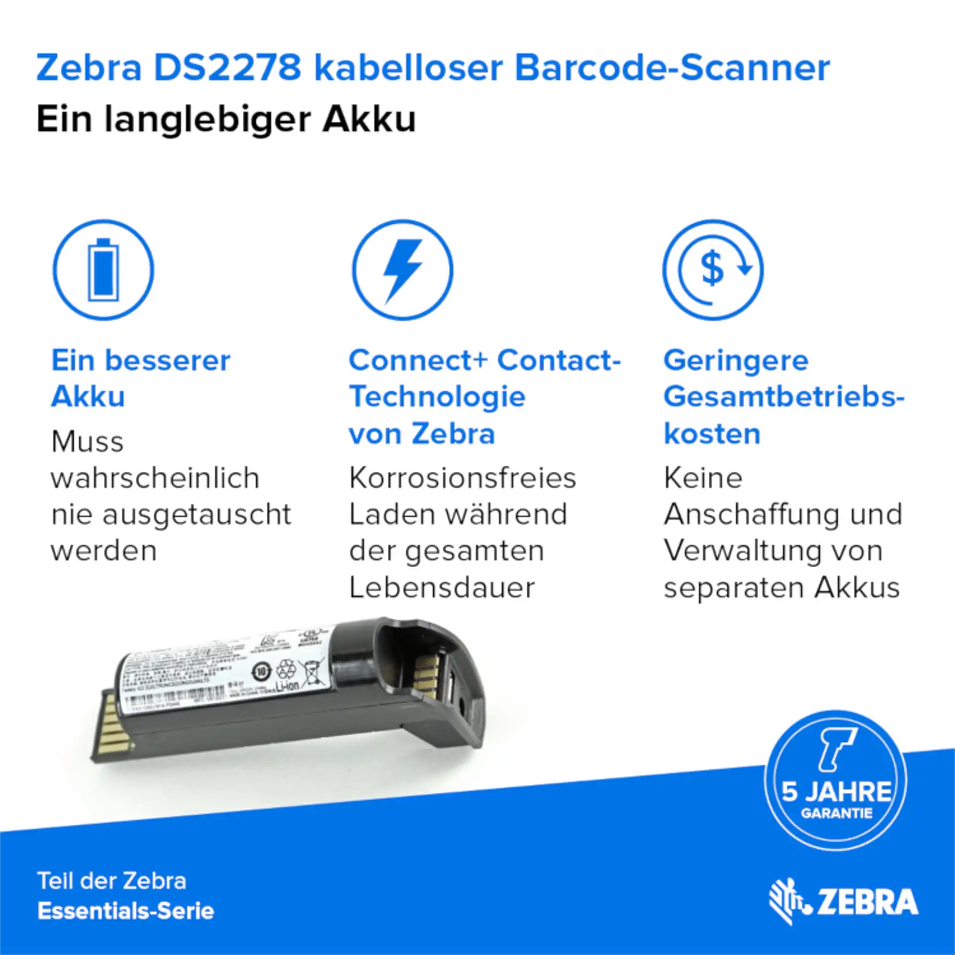 Barcode Scanner Zebra DS2278 – Akku und Kontakte in Detailansicht; Produktinformationen im Bild