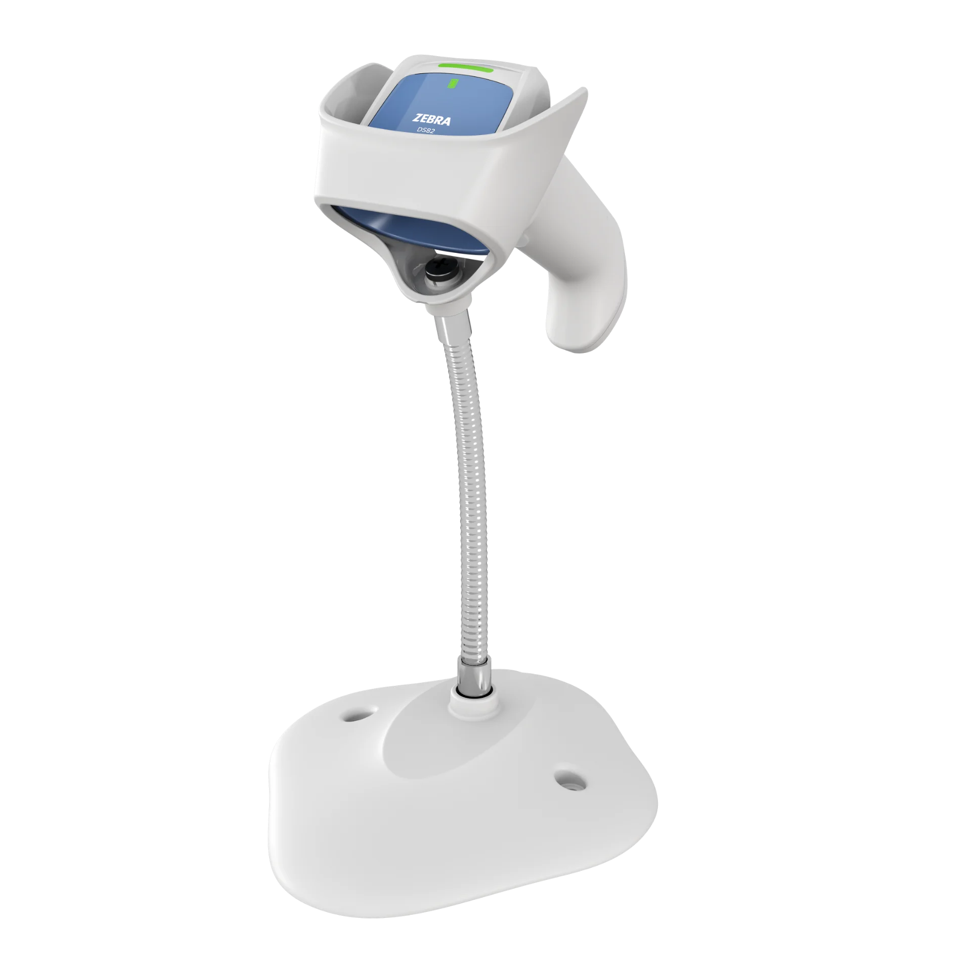 Barcode Scanner Zebra DS8208-HC schräg von oben rechts im Schwanenhals-Intellistand, blaues Oberteil mit grüner Status-LED und Front-Scanfenster