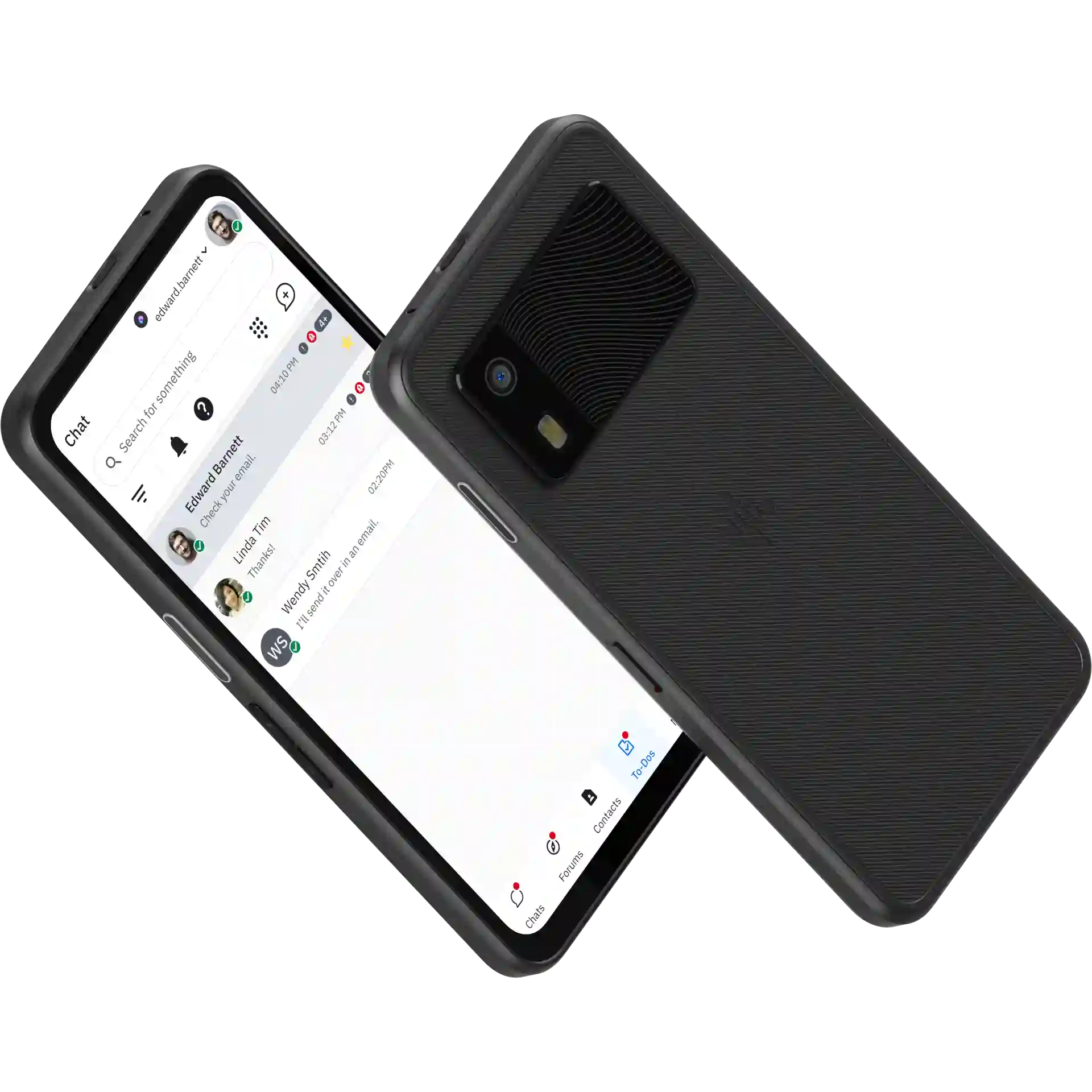 Zebra EM45-RFID MDE Geräte, Vorder- und Rückseite schräg, Display mit Chat, Rückkamera und Blitz sichtbar.