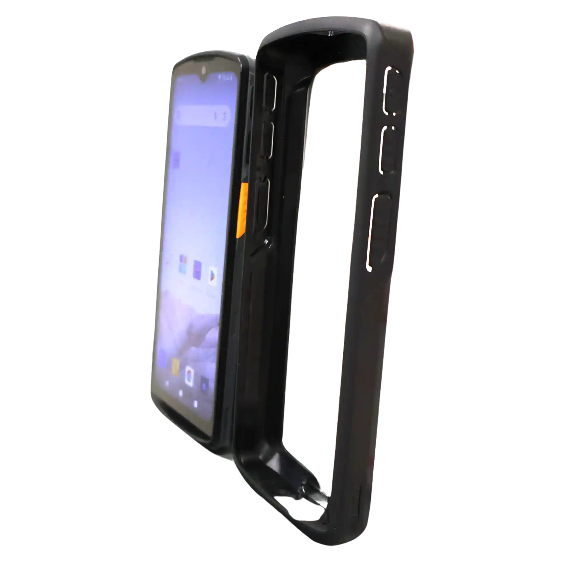 Seitliche Ansicht des MDE Geräts Urovo DT66 und der Schutzhülle daneben