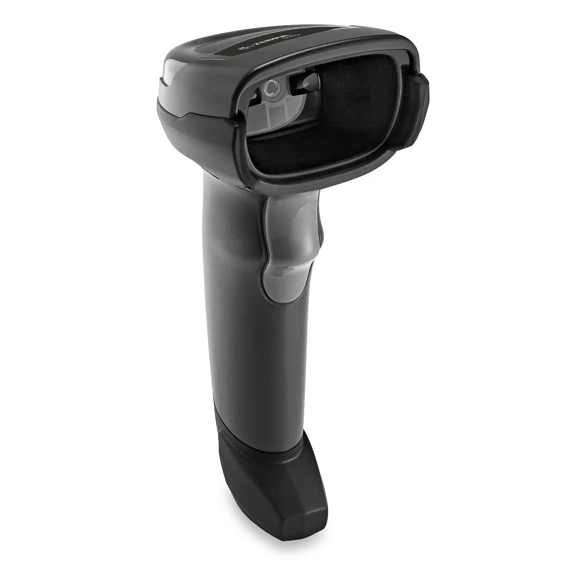 Barcode-Scanner Zebra DS2208 in schwarz schräg von vorn und seitlich; Scanfenster sowie Auslöser am Griff sichtbar.