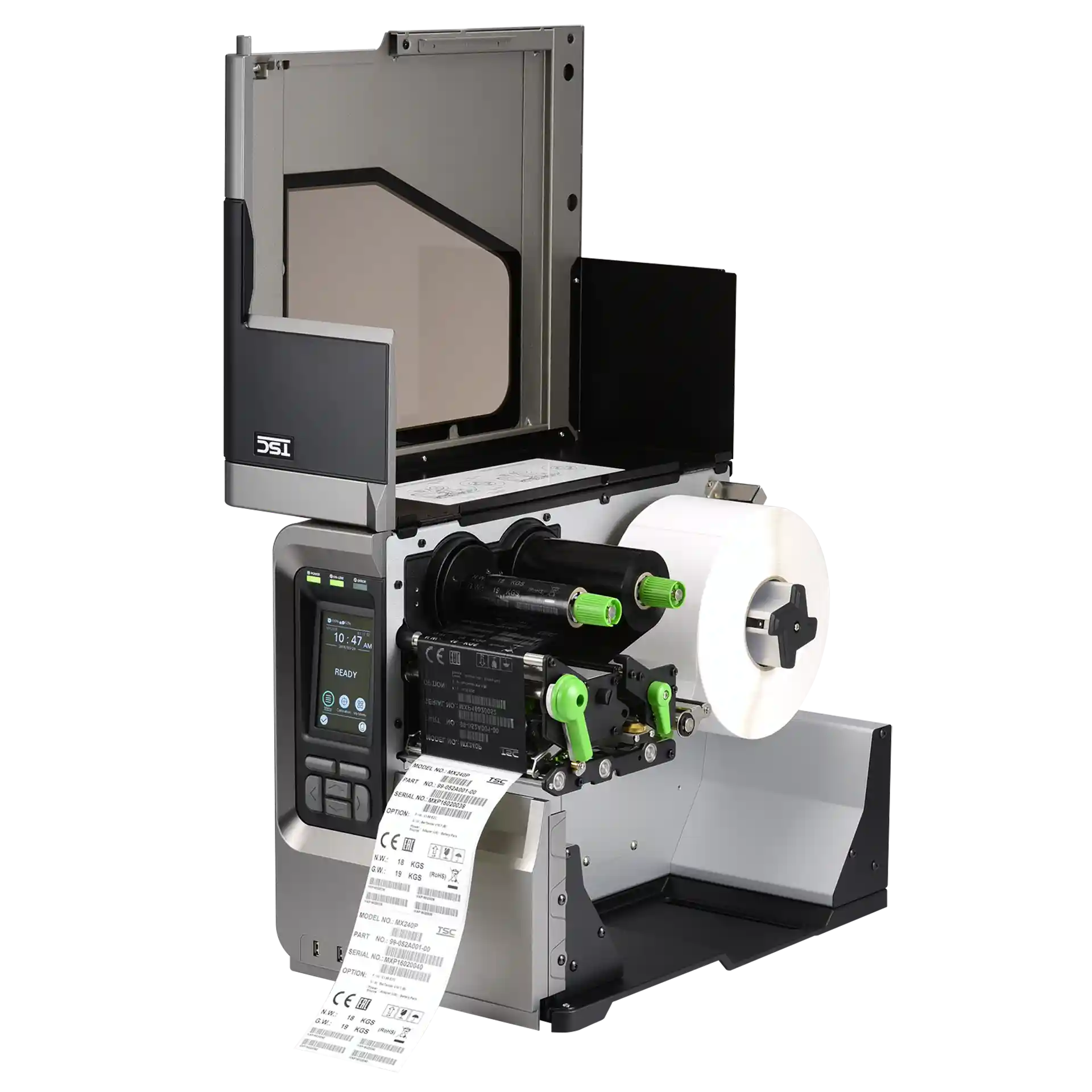 TSC MX241P Etikettendrucker – offen mit Etikettenrolle und Farbband TSC MX241P Etikettendrucker geöffnet, Etikettenrolle und Farbband eingelegt, Display eingeschaltet, Etikettenausgabe sichtbar