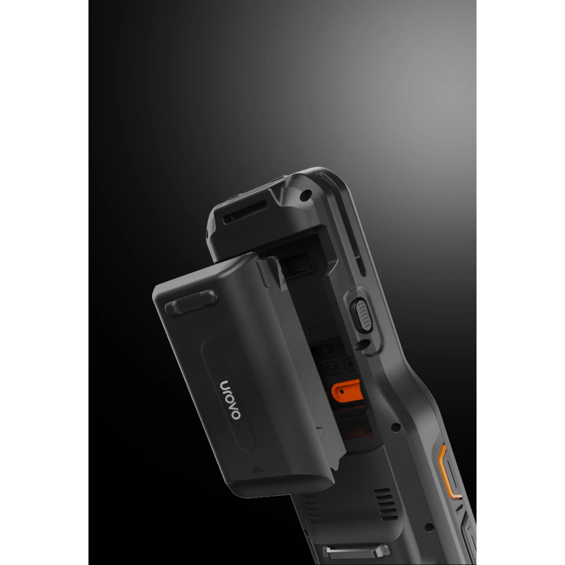 Urovo RT40 MDE Datenerfassungsgerät mit geöffnetem Batteriefach und herausnehmbarer Batterie