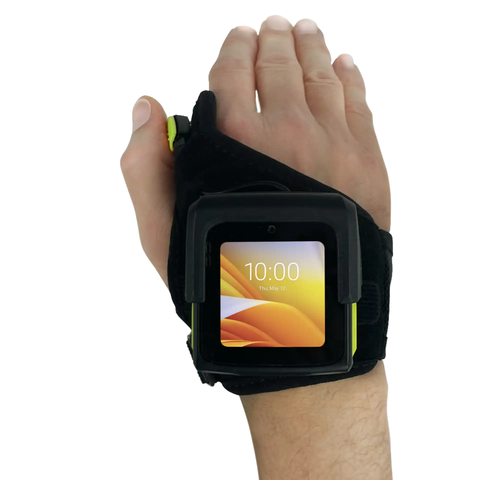 Wearable Zebra WS50-WS501 – Frontsicht mit eingeschaltetem Display in Handrückenträger