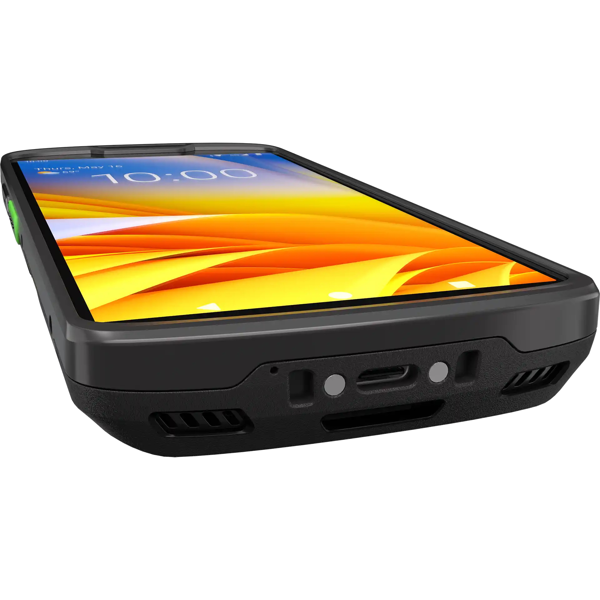 Zebra TC53e MDE Gerät untere Seite mit USB-C Anschluss, Lautsprecher und Display eingeschaltet.