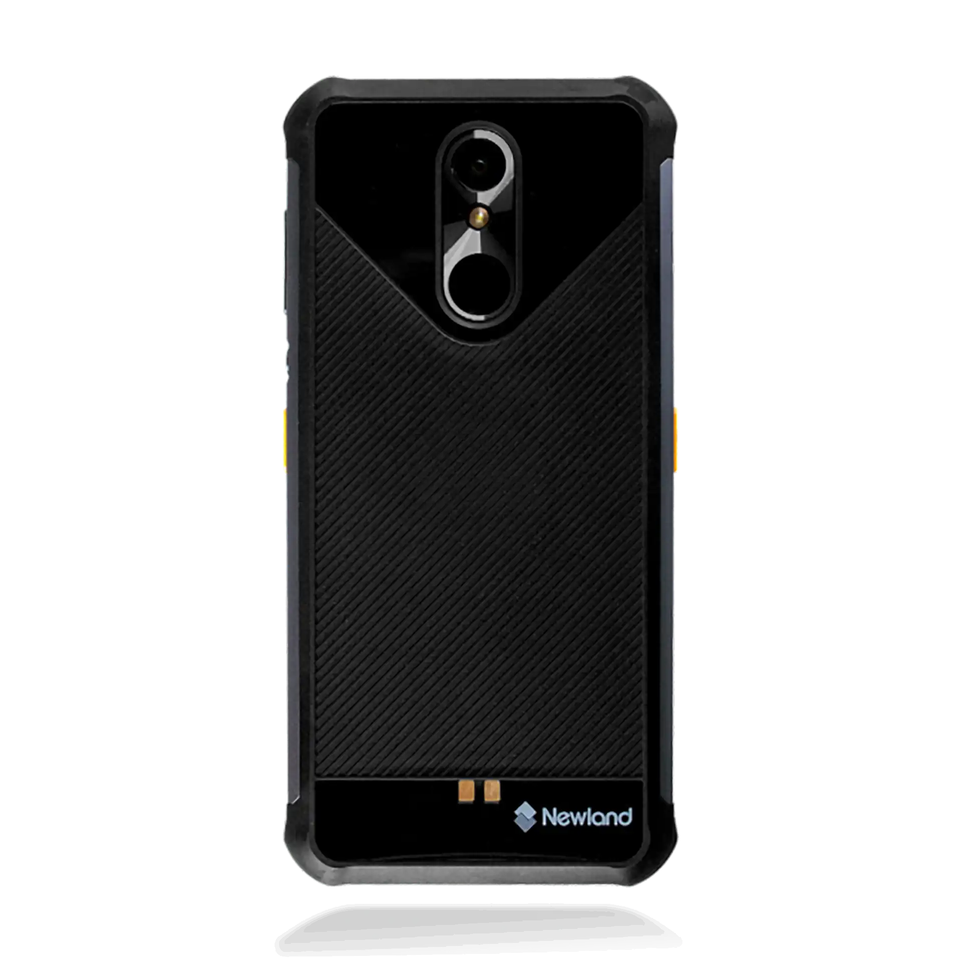 Rückansicht des Newland NFT10 Pilot Pro MDE Geräts, Kamera, LED, Kontakte und Newland-Logo sichtbar.