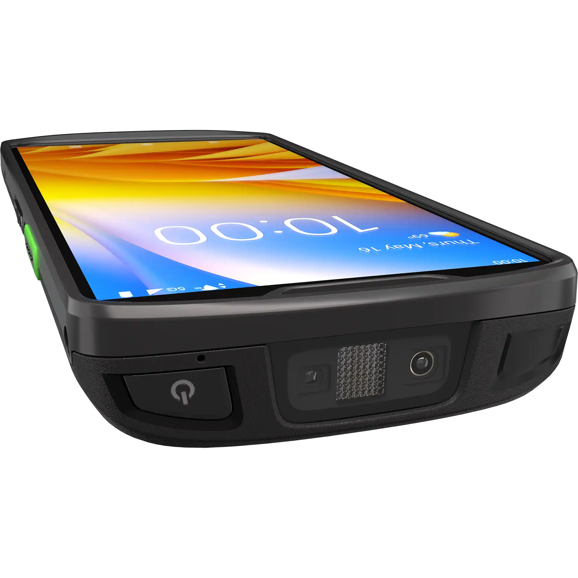 Zebra TC53e MDE Gerät von oben, sichtbarer SE55 Scanner, Power-Taste und Display eingeschaltet.