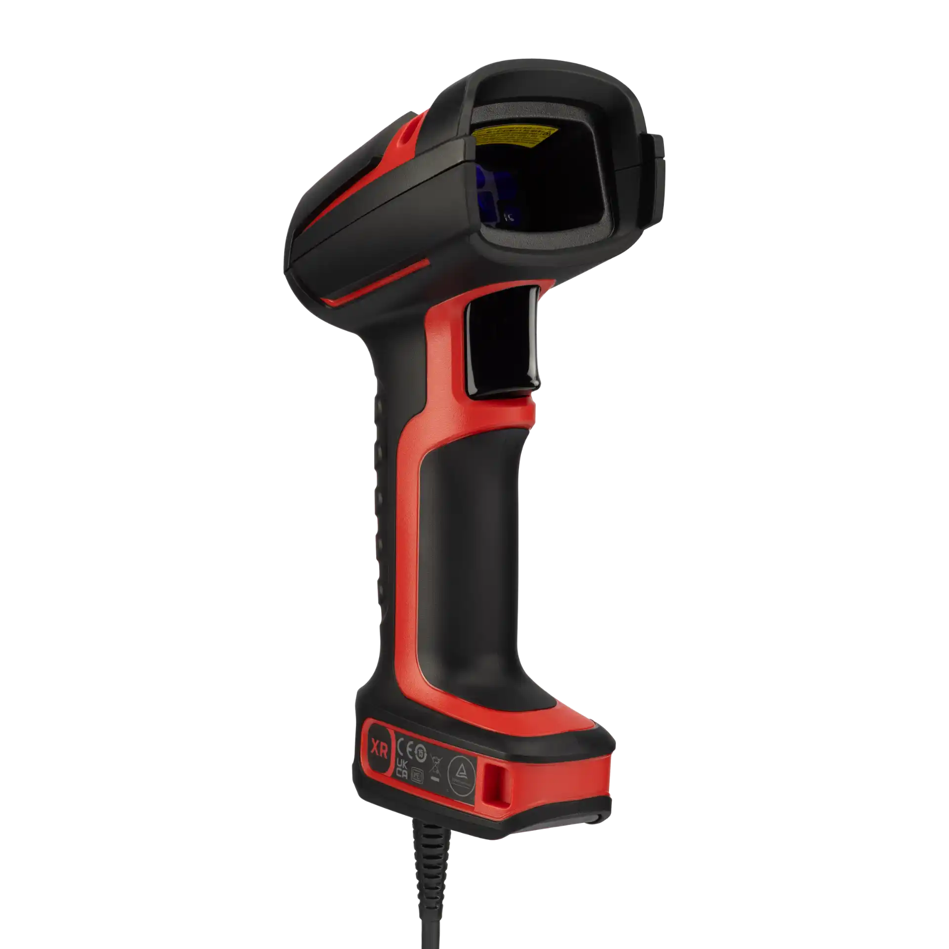 Barcode-Scanner Honeywell Granit Ultra 2100i XR – schräge Frontansicht links mit Scanfenster, Seitentaste, ergonomischem Griff und Kabel.