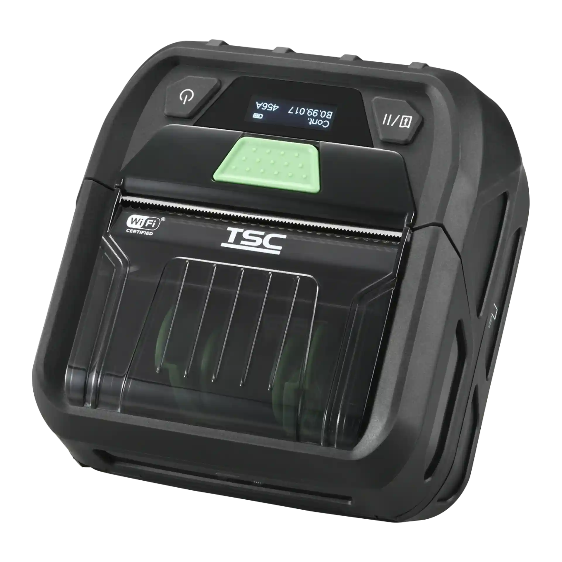 Mobiler Etikettendrucker TSC RE310 – schräg hinten rechts, Oberseite mit Power- und Feed-Taste, aktivem Display und transparenter Medienklappe