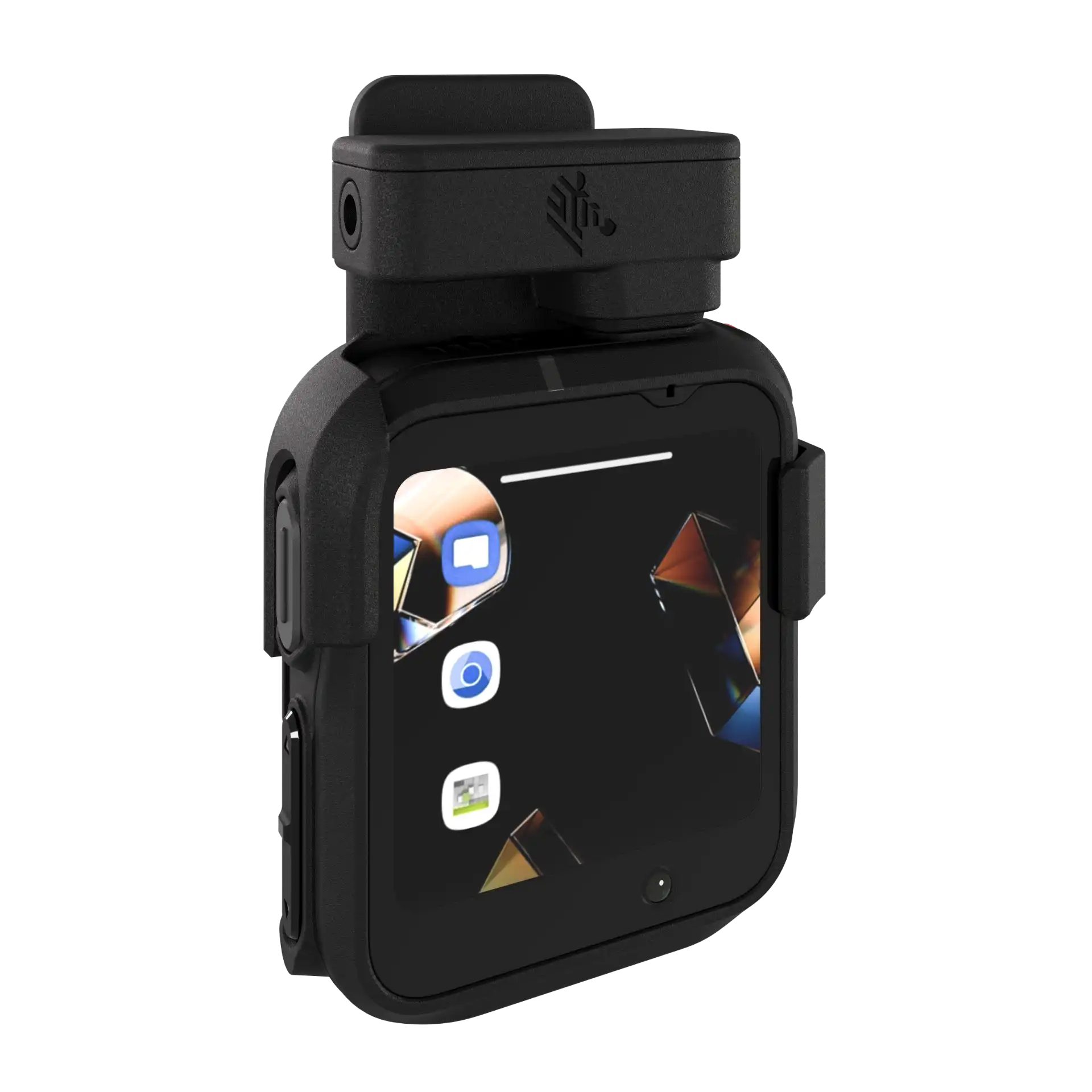 Wearable Zebra WS301 mit Clip-Mount, seitlich-links gezeigt, Display an, Tasten und Sensoren sichtbar
