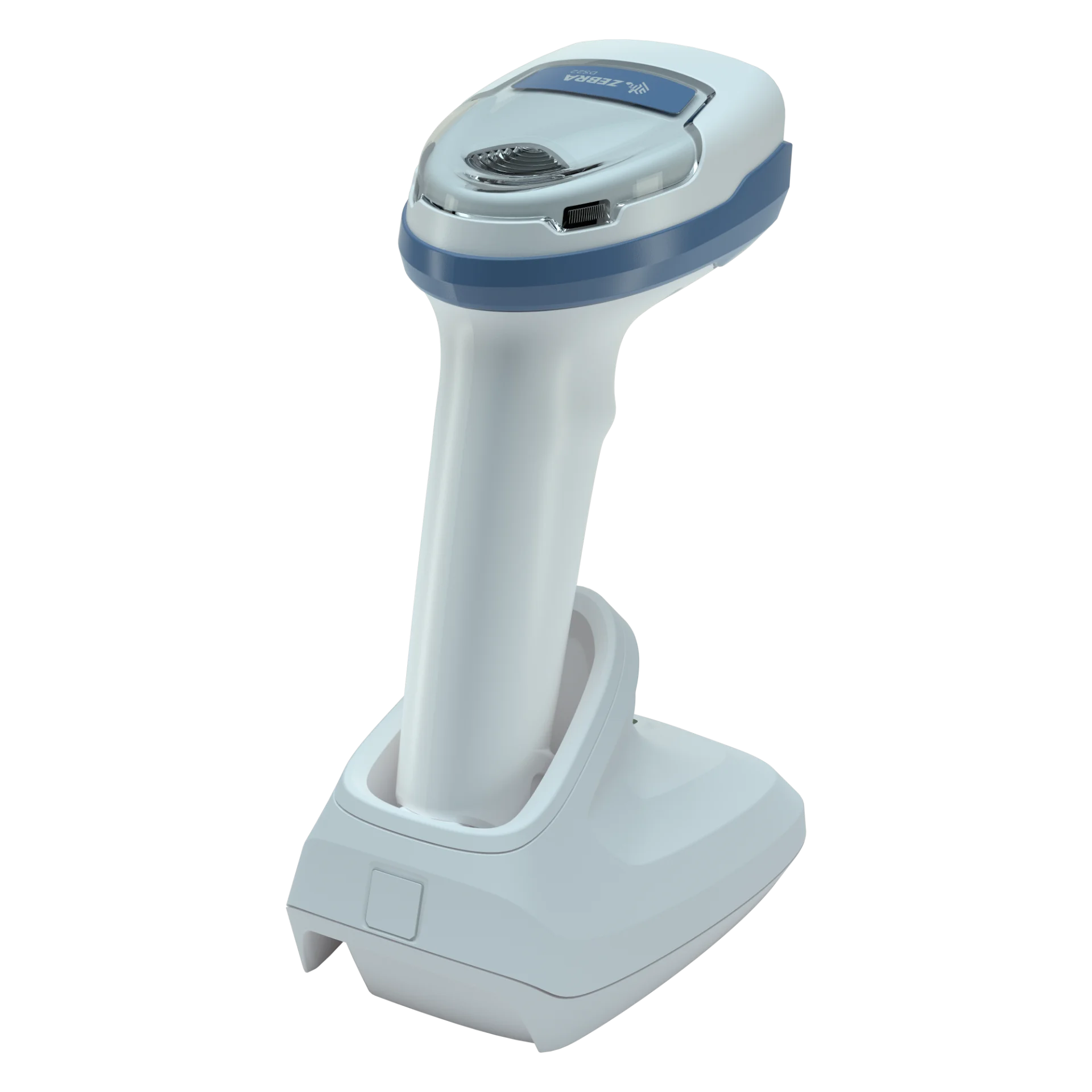 Barcode-Scanner Zebra DS2278-HC schräg von hinten rechts; blaues Gehäuseband, glatter Griff und Basisstation.
