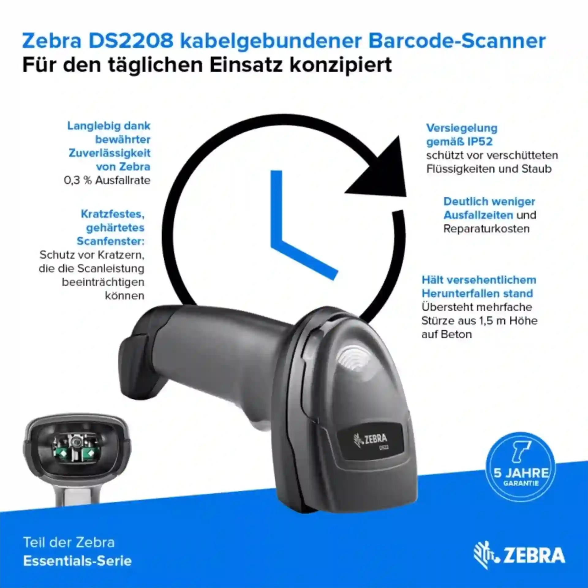 Barcode-Scanner Zebra DS2208 seitlich schräg von oben mit Status-LED und Produktinformationen
