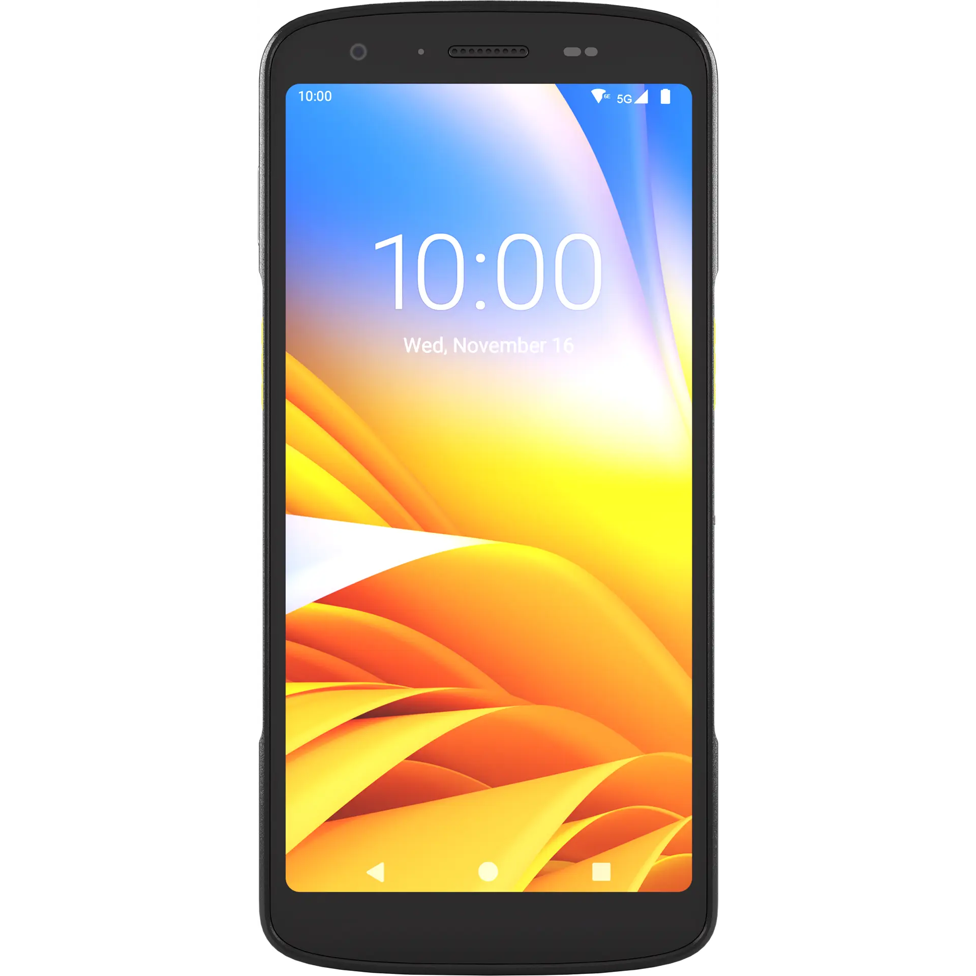 Zebra TC22/TC27 MDE Gerät, gerade Frontansicht, Display eingeschaltet, Frontkamera und Sensoren sichtbar.