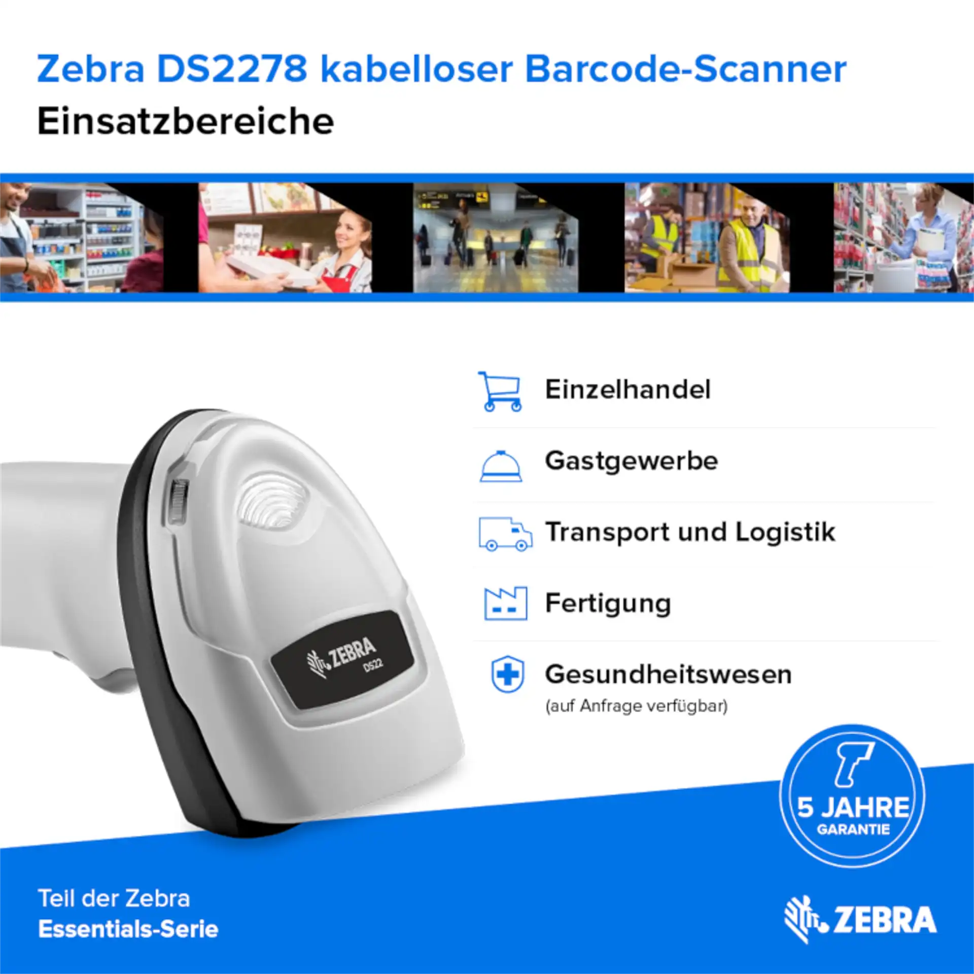 Barcode Scanner Zebra DS2278 – weißes Gerät schräg von vorn mit Scanfenster; Einsatzbereiche und Produktinformationen