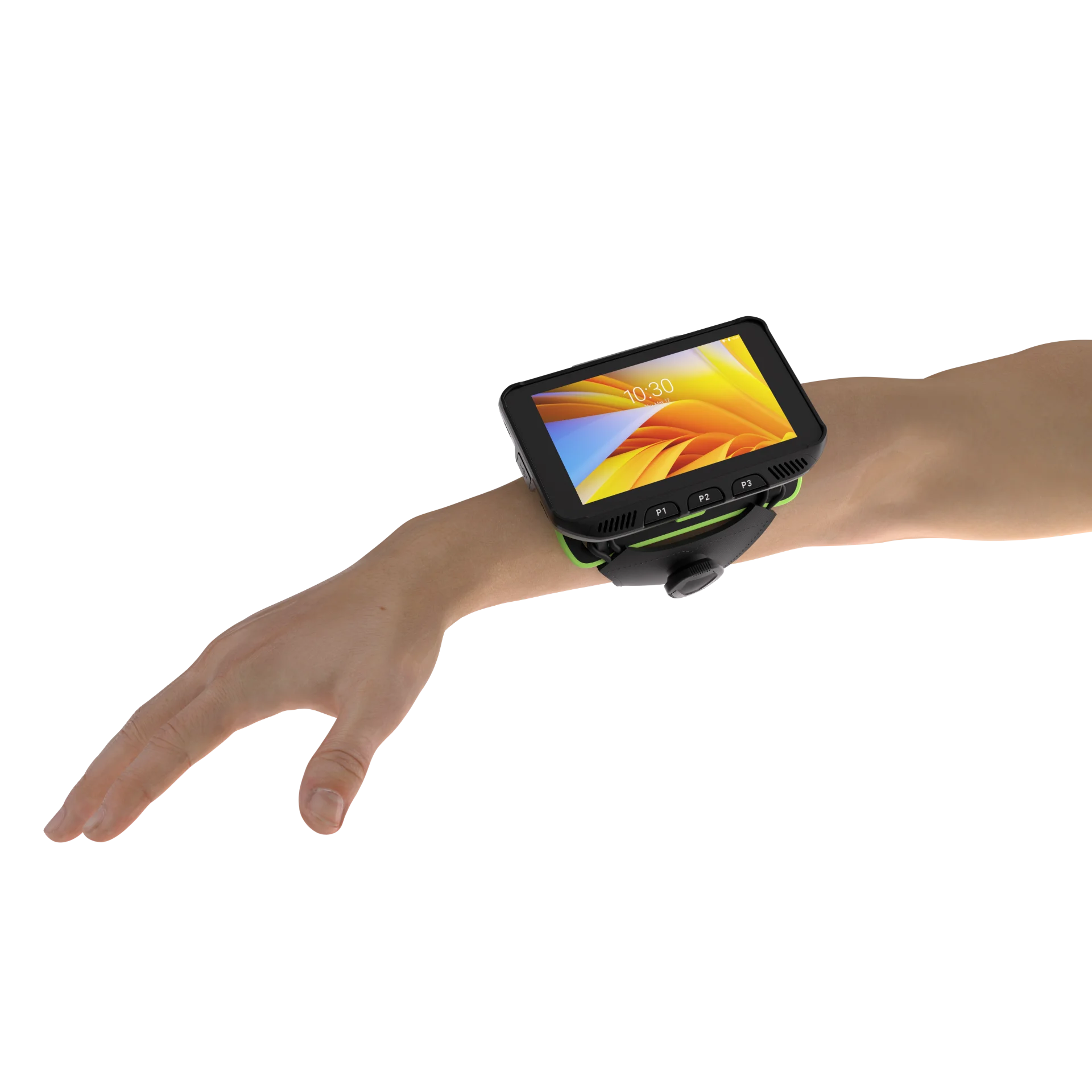 Wearable Zebra WT5400 – Getragen am rechten Arm mit Einzelriemen-Halterung