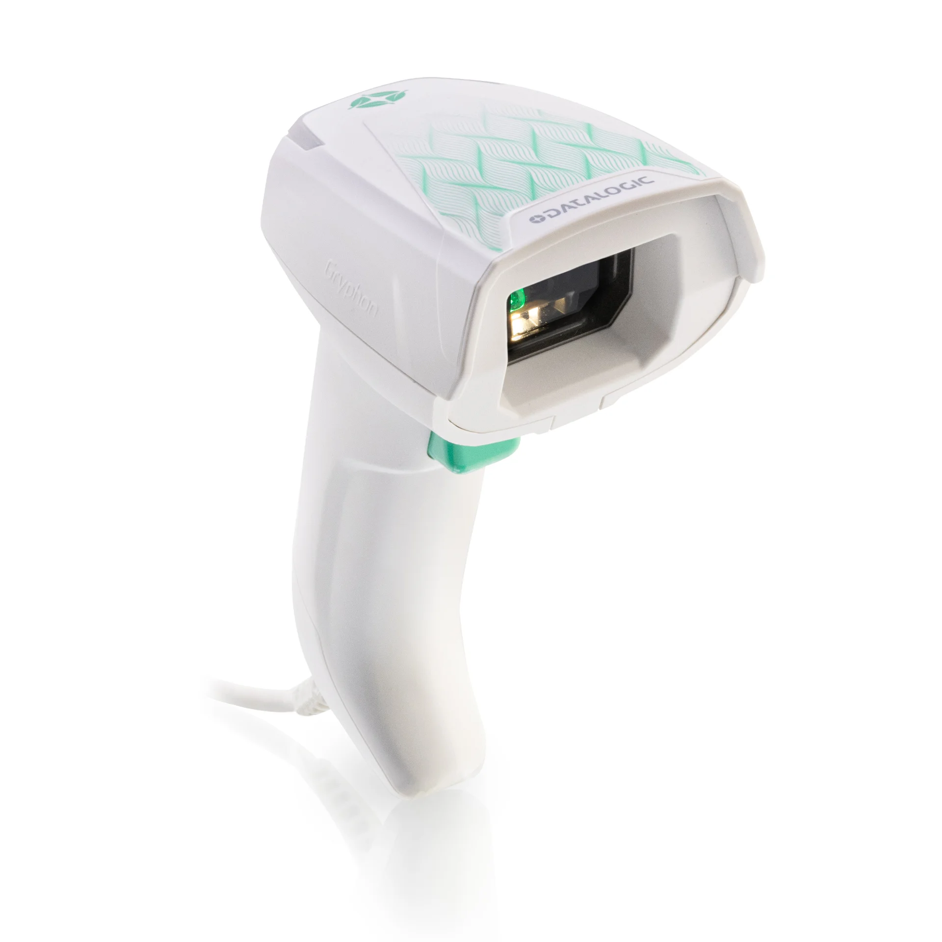 Barcode Scanner Datalogic Gryphon GD4600-HC seitliche Frontansicht links mit eingeschaltetem Scanlicht