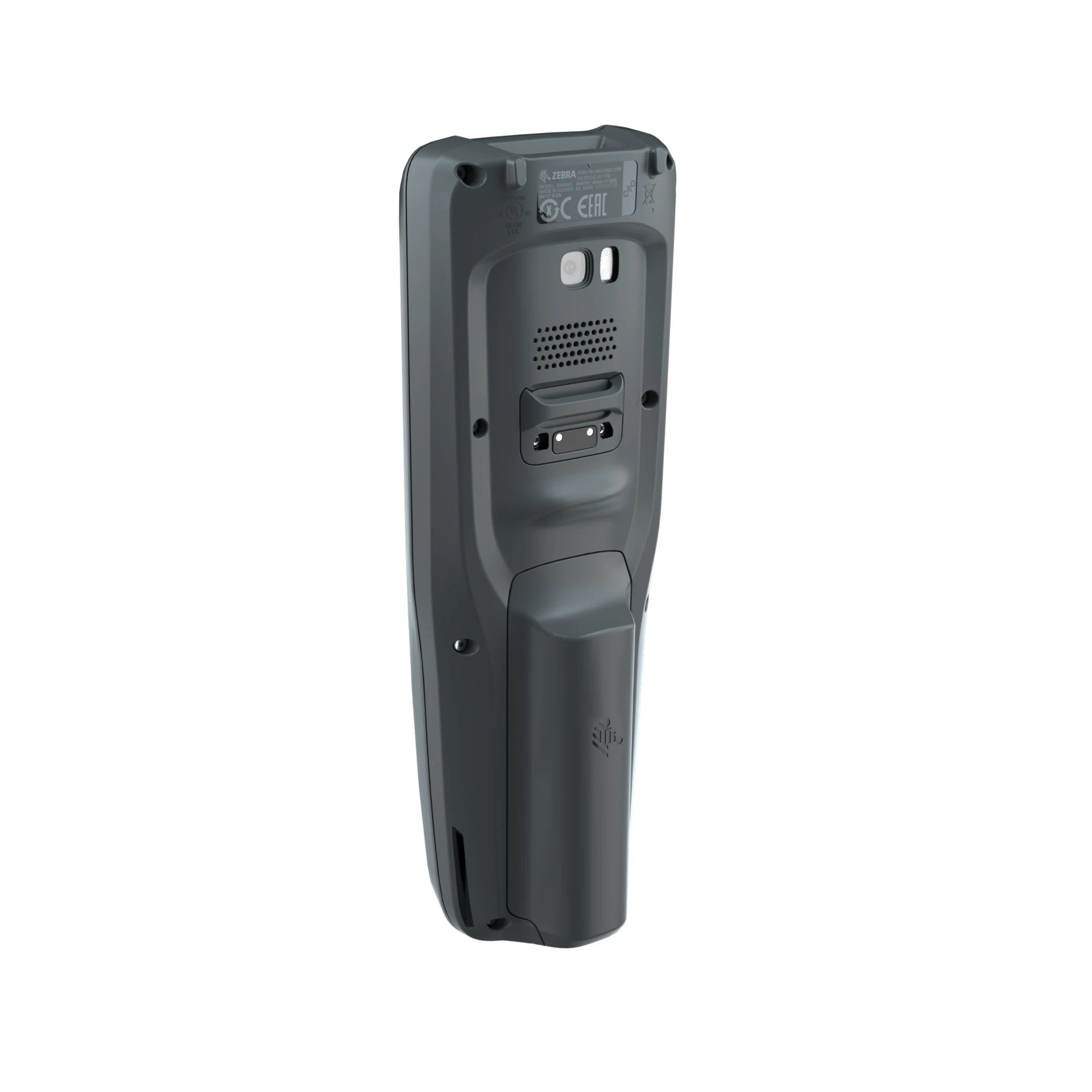 Zebra MC2200/MC2700 MDE Gerät, Rückseite schräg links, Kamera, Lautsprecher und Akku erkennbar.