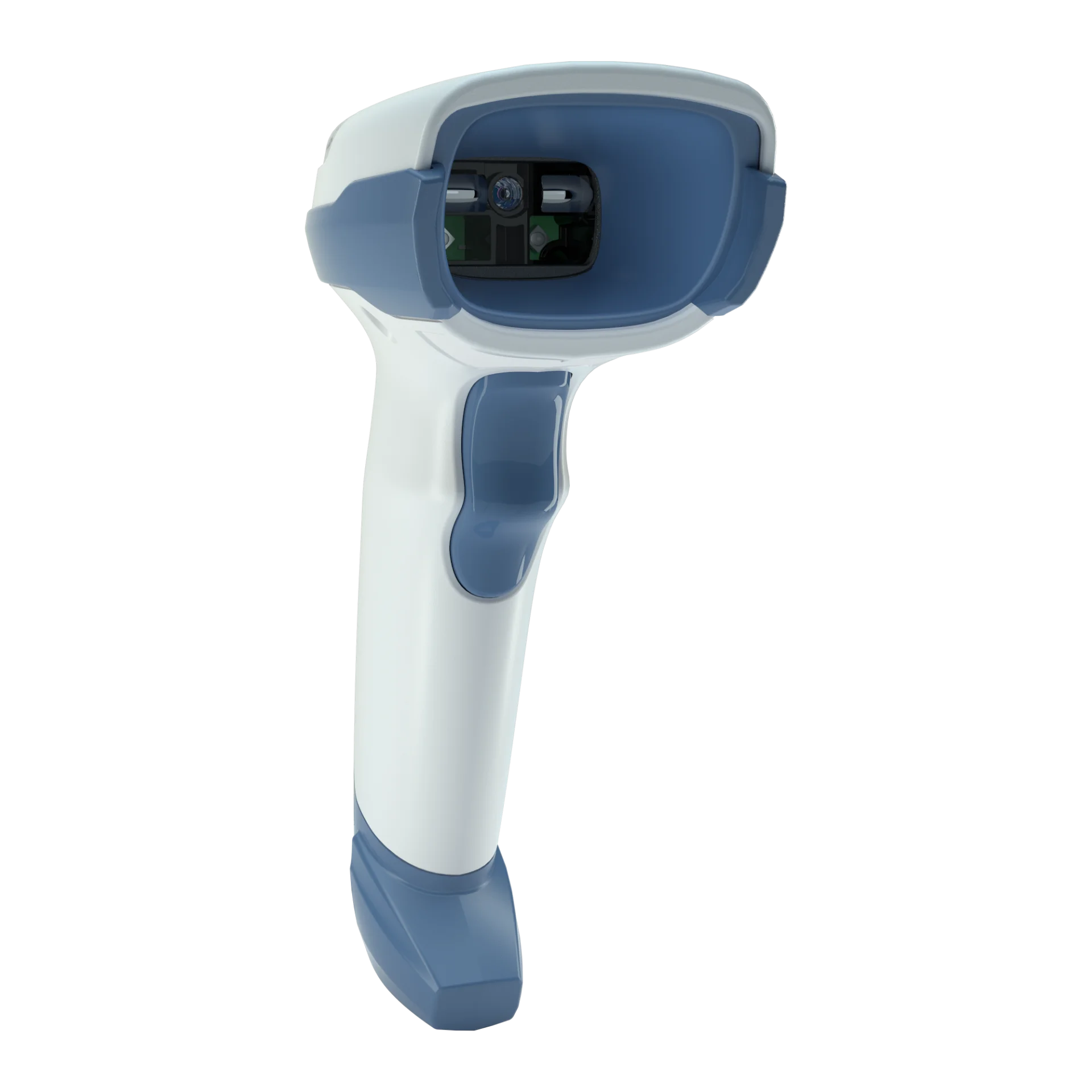 Barcode-Scanner Zebra DS2208-HC schräg von vorn links; Scanoptik und Sensoren im Kopf sowie blaue Auslösetaste am weißen Griff sichtbar.