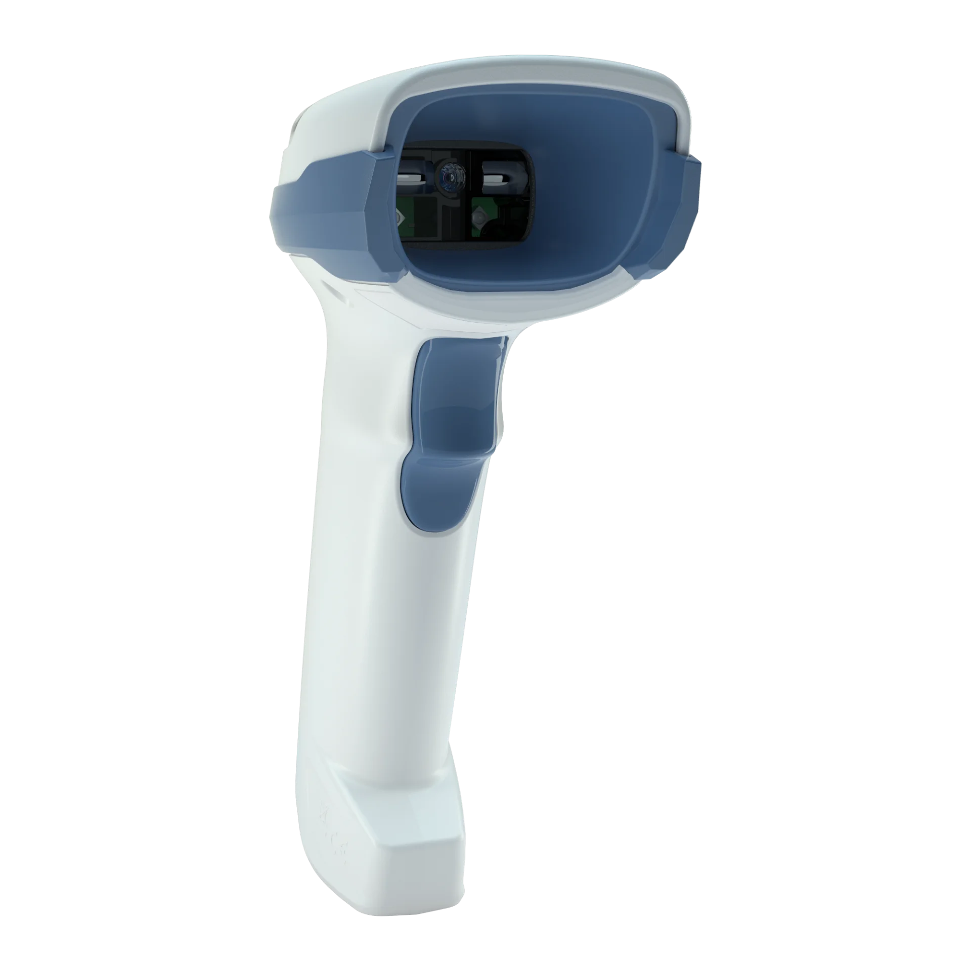 Barcode-Scanner Zebra DS2278-HC schräg von vorn links: Scanfenster mit zentraler Optik und Sensoren sowie blaue Auslösetaste.