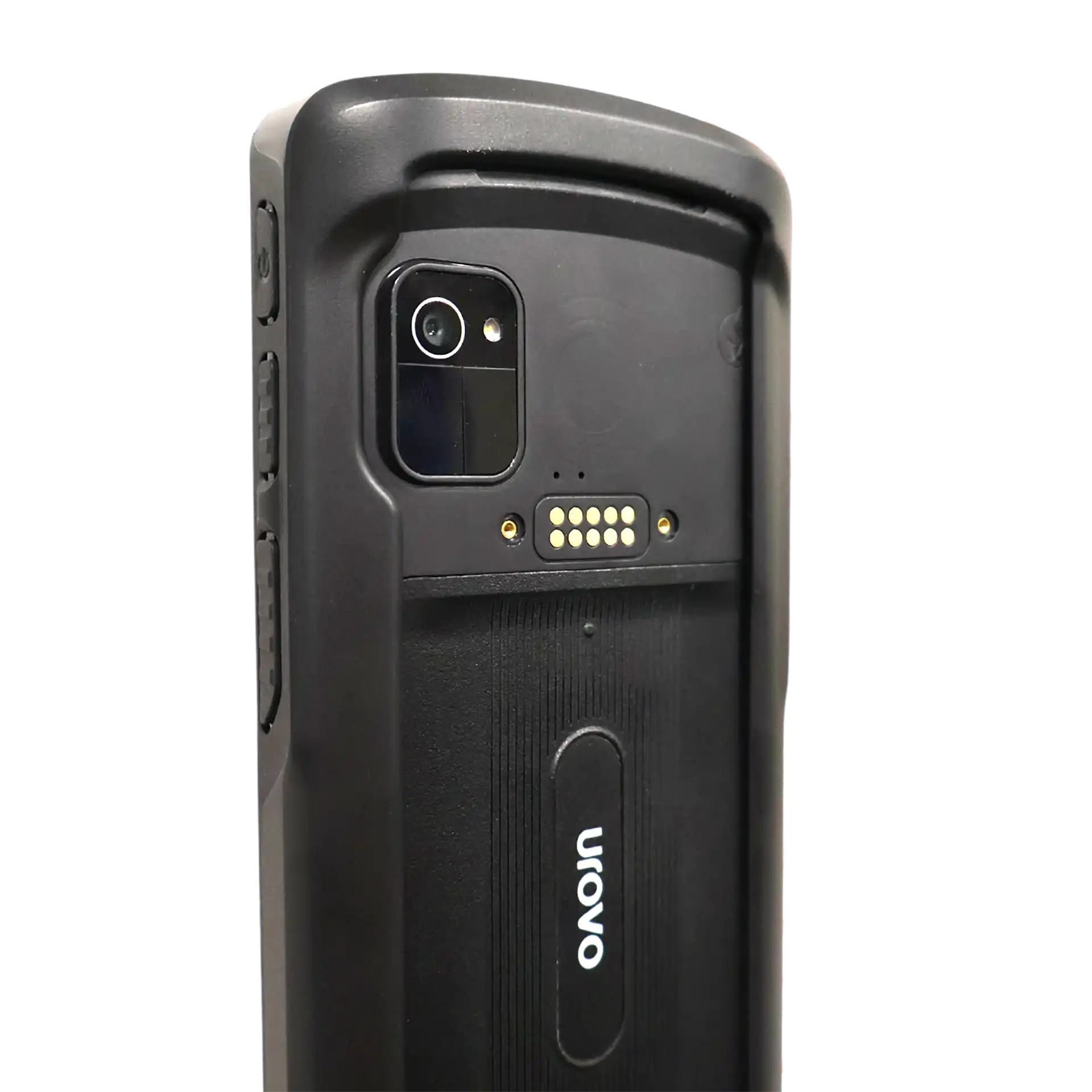 Seitliche Rückansicht des MDE Geräts Urovo DT66 mit Kamera, Anschlusskontakten und Schutzhülle