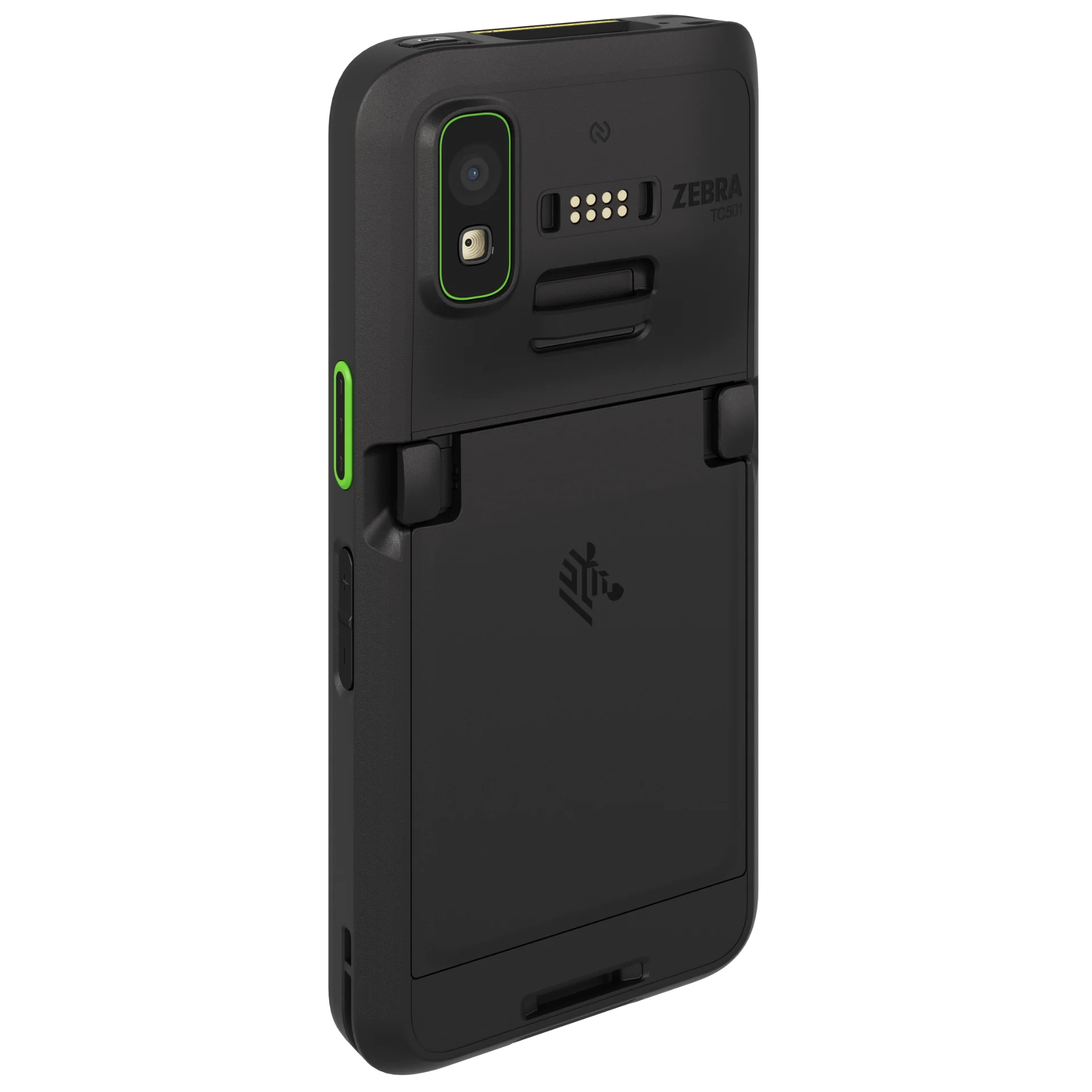 MDE-Gerät Zebra TC501 – Linke Rückansicht mit Kamera, Akku und Kontaktpunkten