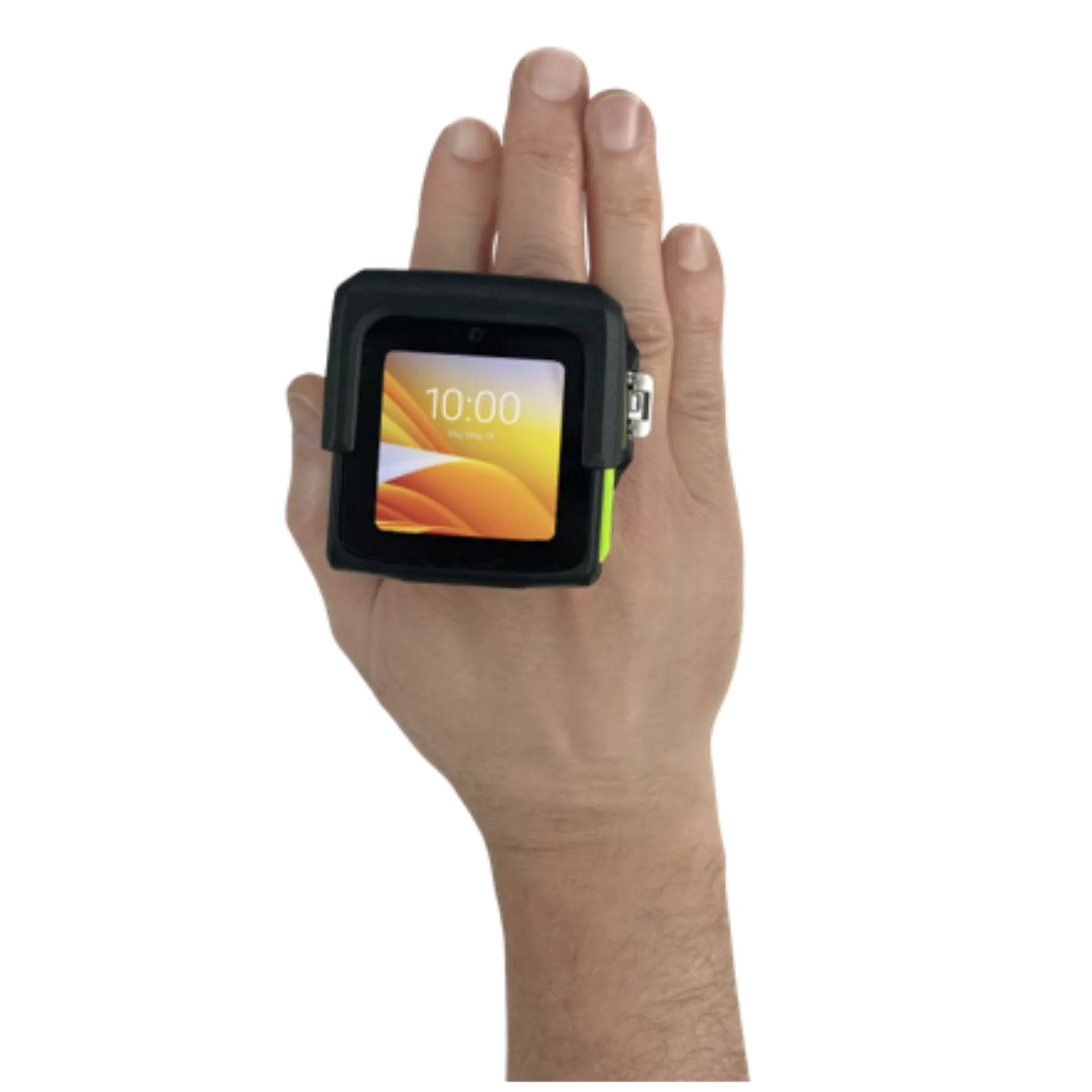 Wearable Zebra WS50-WS501 mit Finger-Halterung – auf Handrücken getragen, Display eingeschaltet
