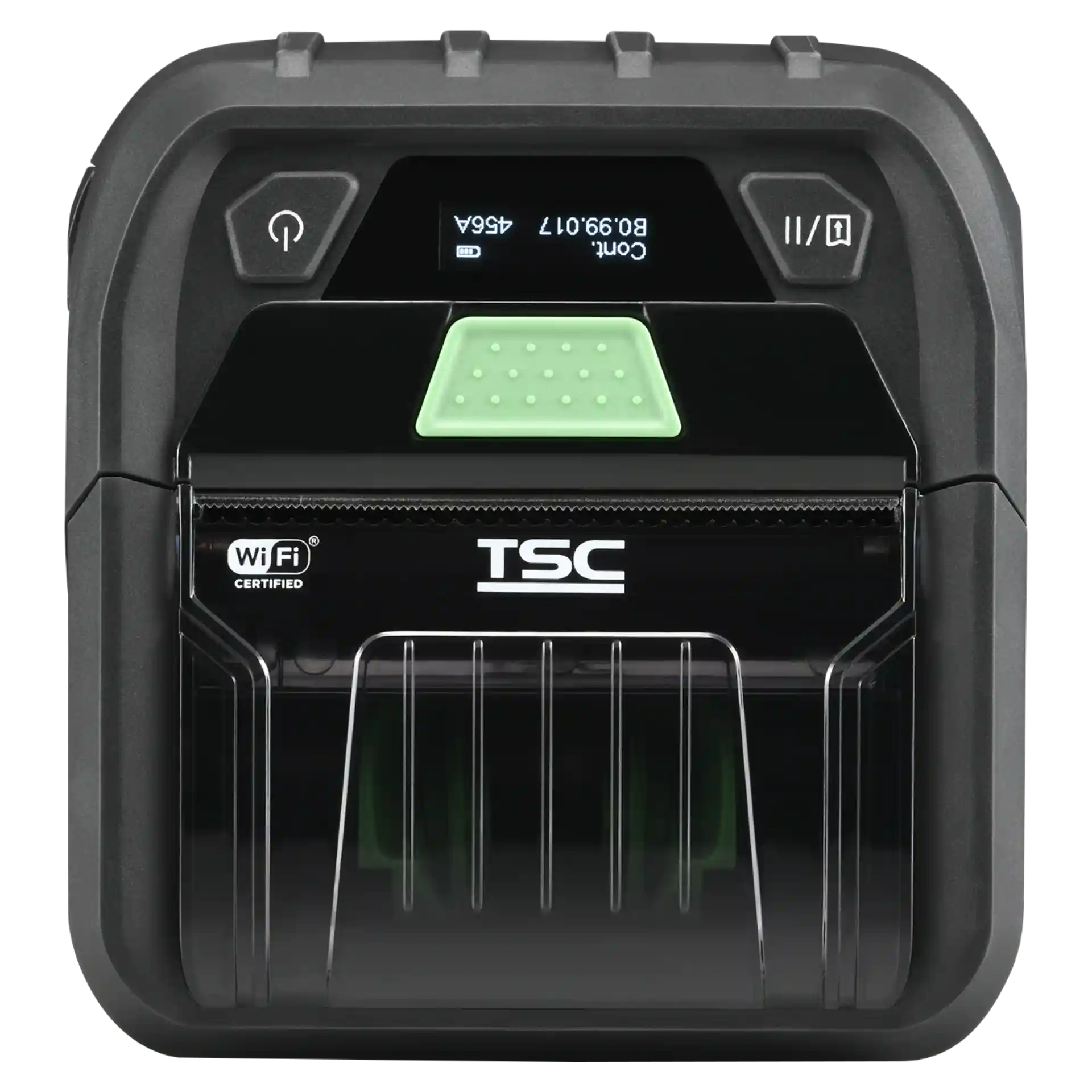 Mobiler Etikettendrucker TSC RE310 – frontal von oben, zentrales grünes Öffnungspad, aktives Display, Power- und Feed-Taste, WiFi-Logo und transparente Medienklappe