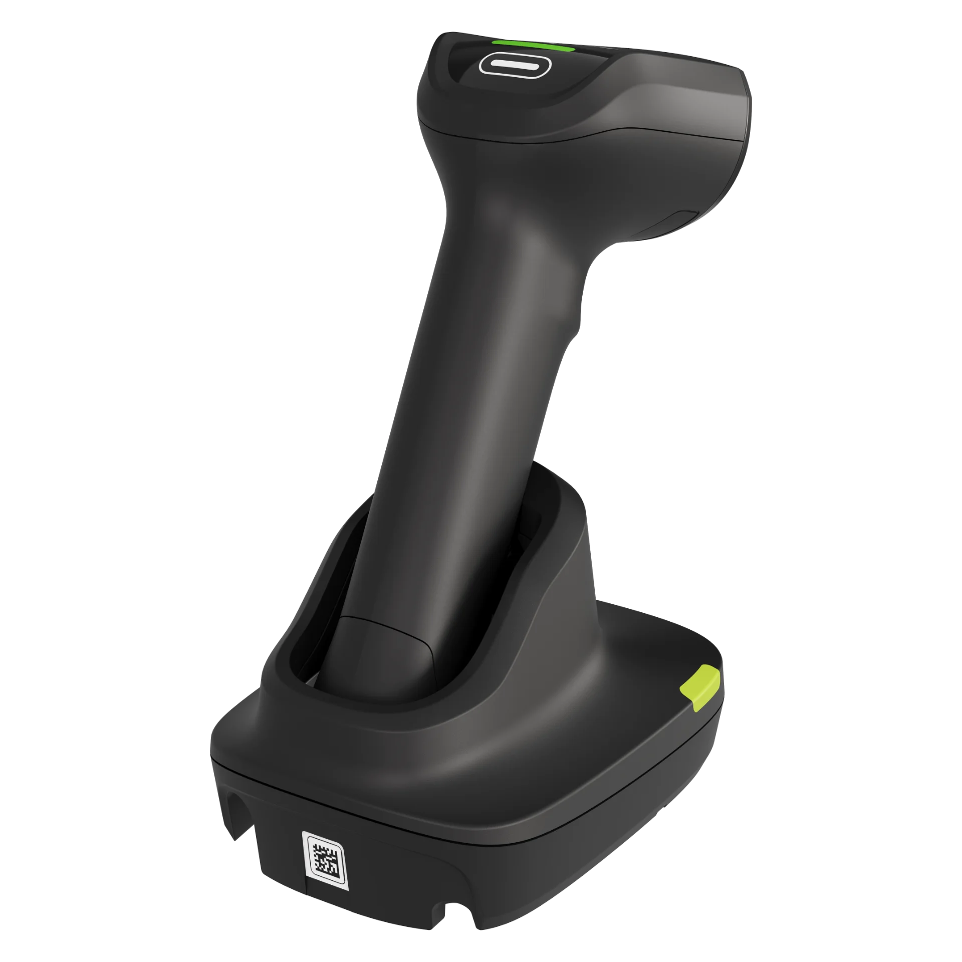 Barcode Scanner Zebra DS8288 in Präsentations-Cradle aus schräger Rückansicht