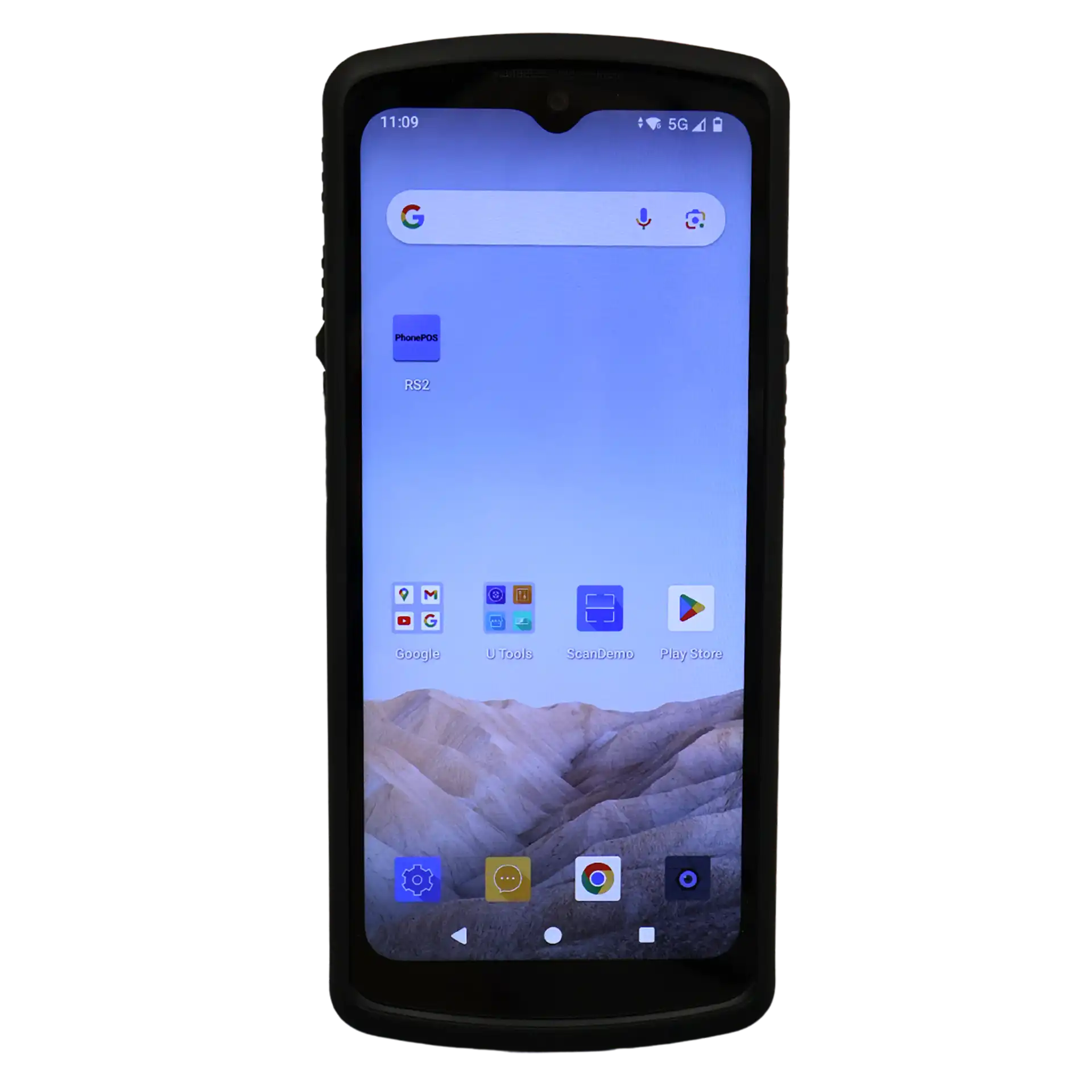 Frontansicht des MDE Geräts Urovo DT66 mit montierter Schutzhülle, Bildschirm mit Apps sichtbar