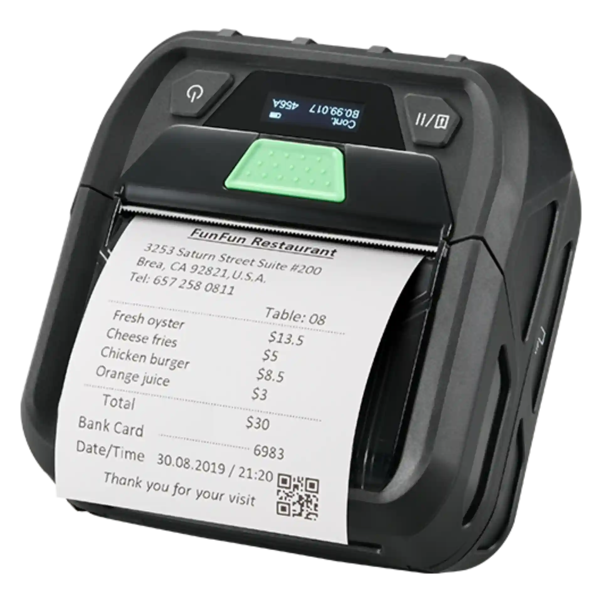 Mobiler Etikettendrucker TSC RE310 – von oben rechts gesehen, Papierausgabe mit Beleg, aktives Display, Power- und Feed-Taste über der Ausgabekante