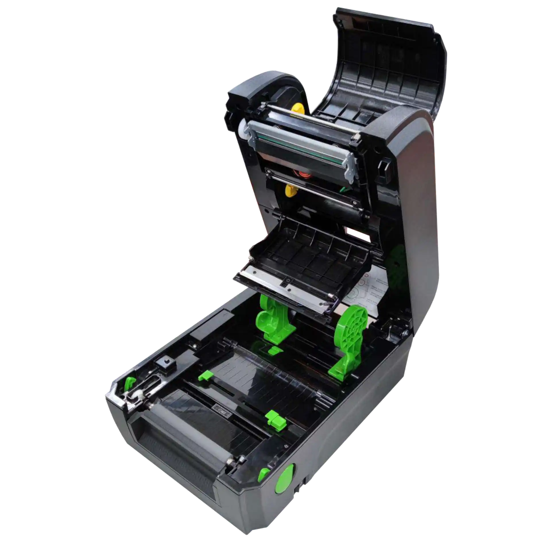 Geöffneter TSC TX210 zeigt Innenleben mit Druckkopf, Walzen und grünen Führungsschienen