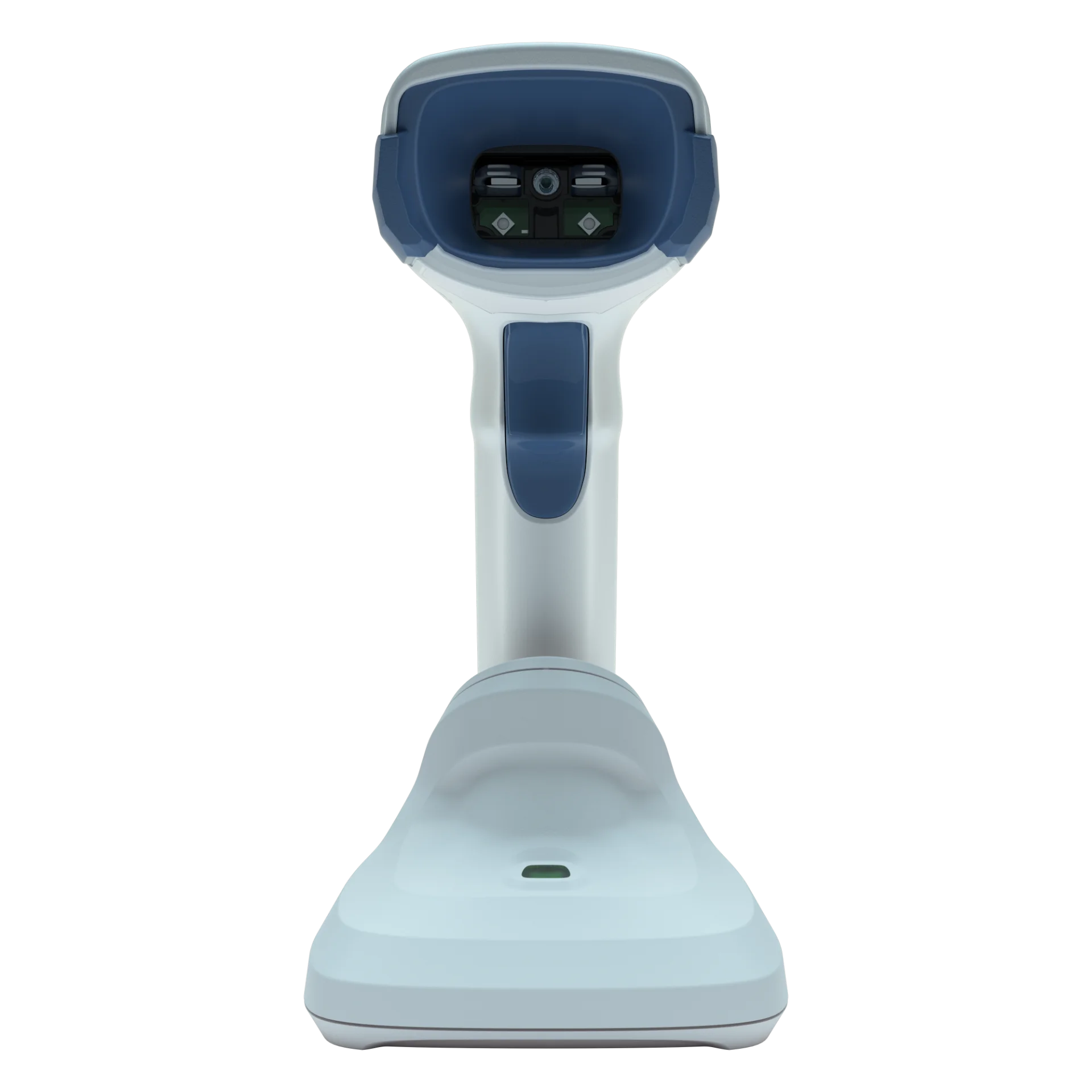 Barcode-Scanner Zebra DS2278-HC frontal mit Scanoptik und Sensoren, blauem Auslöser sowie Basisstation mit Statusleuchte.