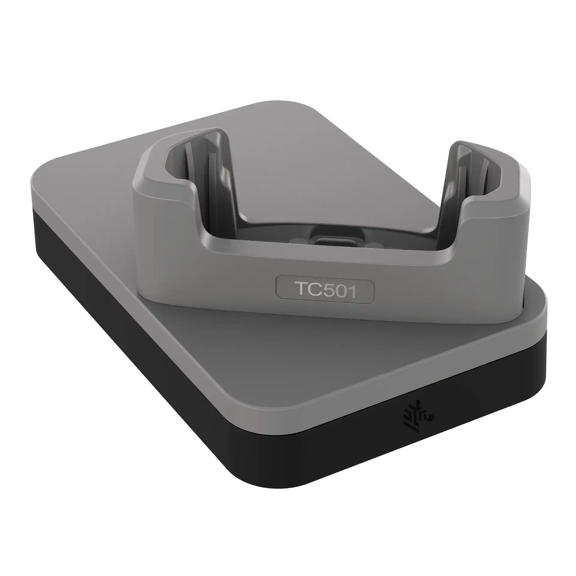 MDE-Gerät Zubehör Zebra TC501 – Graue Ladestation schräg vorn mit offenem Führungsschacht