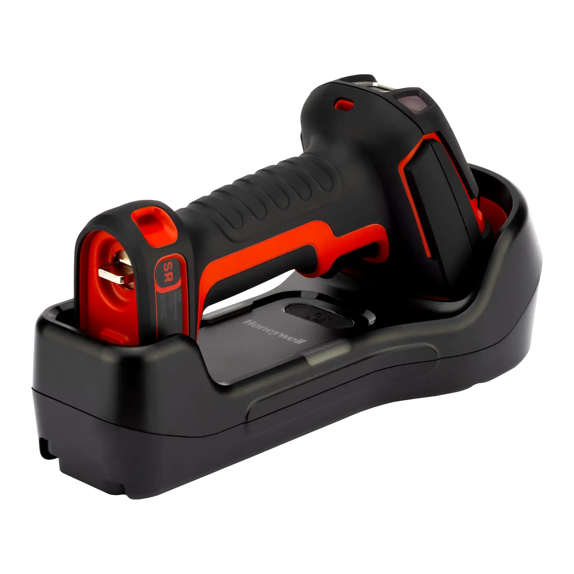 Barcode-Scanner Honeywell Granit Ultra 2105i SR in Ladestation, aus rechts-unten mit Rückseite, Griffprofil, Trigger und Ladekontakten.