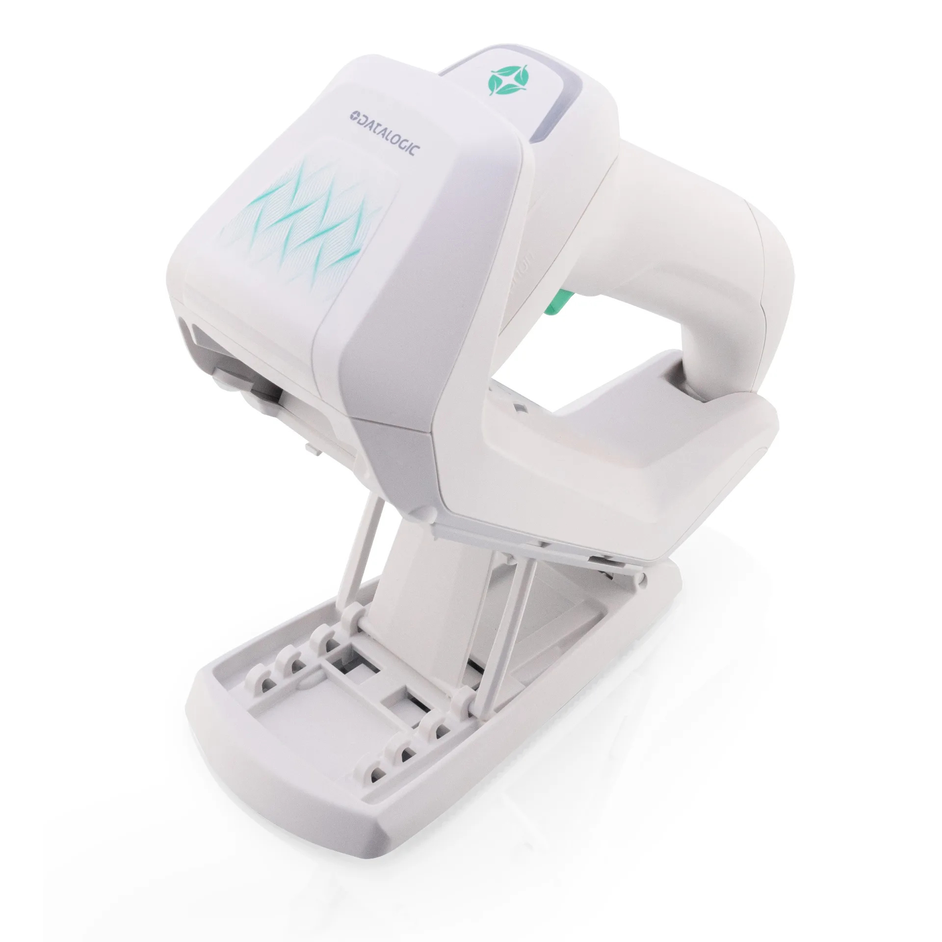 Barcode Scanner Datalogic Gryphon GBT4600-HC GM4600-HC – schräg oben links in hochgestellter Lade- und Übertragungsstation, Kopf nach oben ausgerichtet, Scanfenster vorn