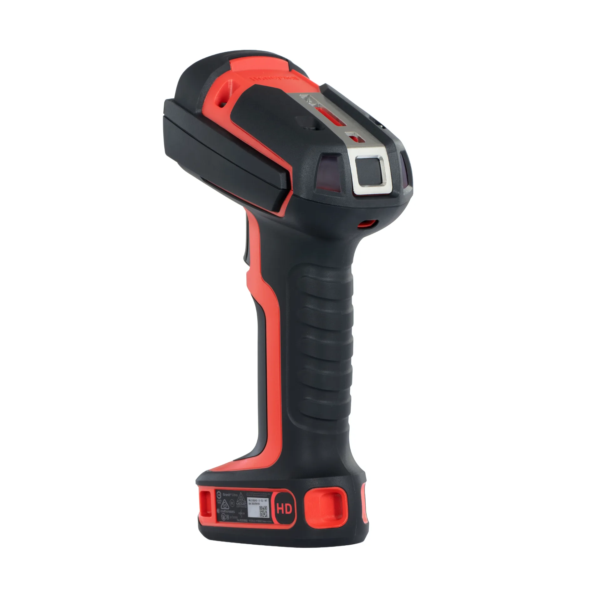 Barcode-Scanner Honeywell Granit Ultra 2105iHD schräg von hinten links mit Typenschild, HD-Kennzeichnung und roter Taste