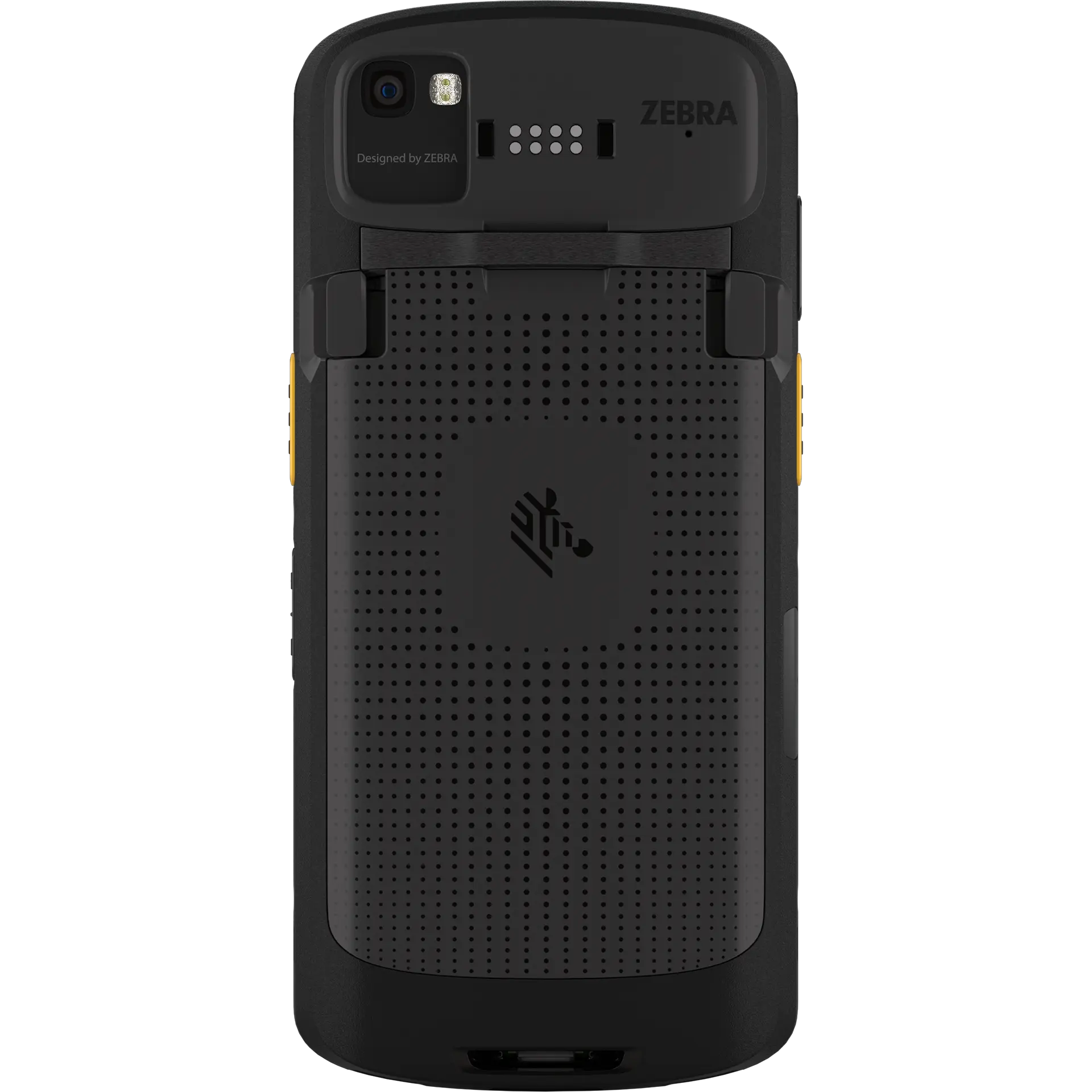 Zebra TC53/TC58 MDE Gerät Rückseite, Kamera, Blitz, Kontakte und strukturierte Oberfläche.