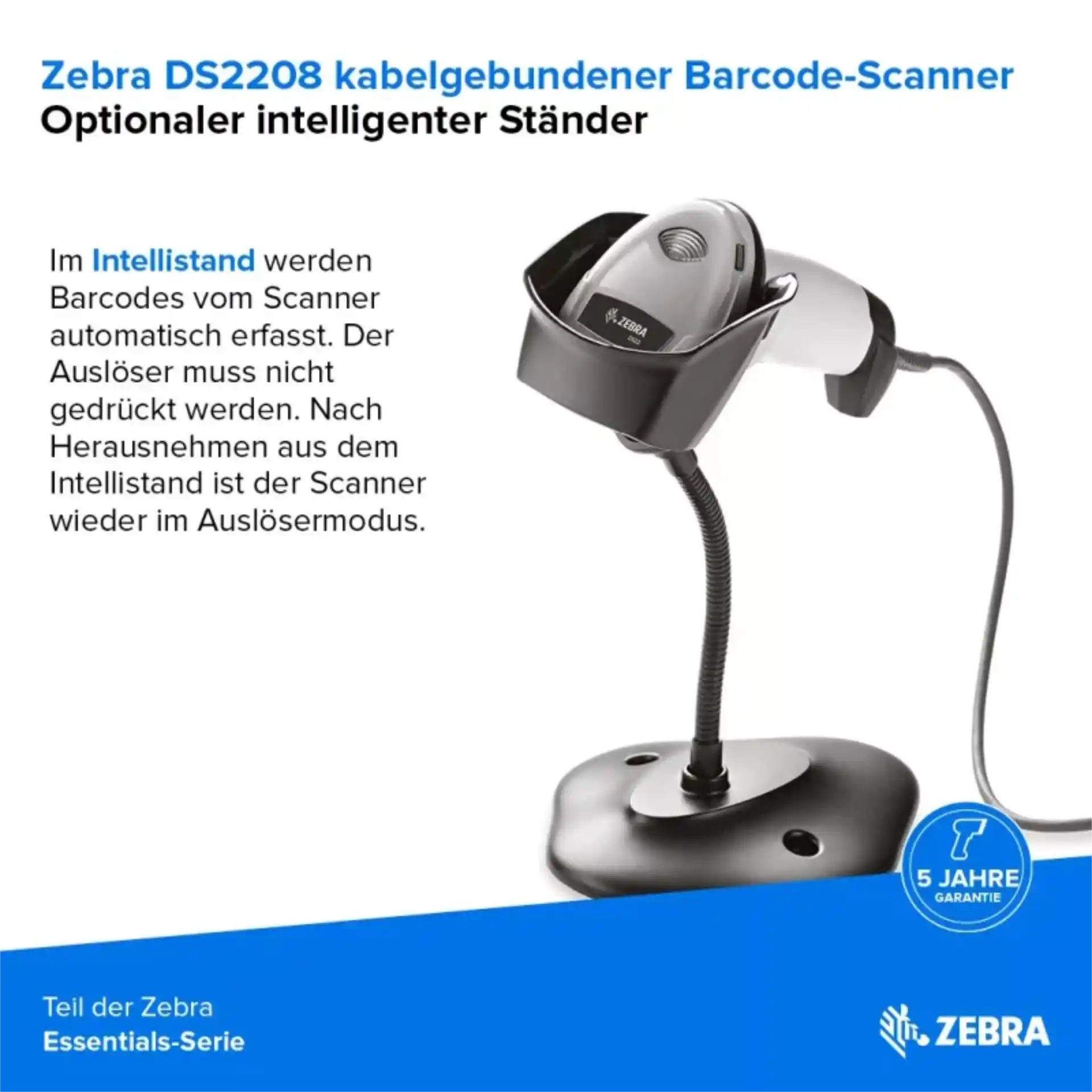 Barcode-Scanner Zebra DS2208 schräg im intelligenten Ständer mit Kabel und Produktinformationen