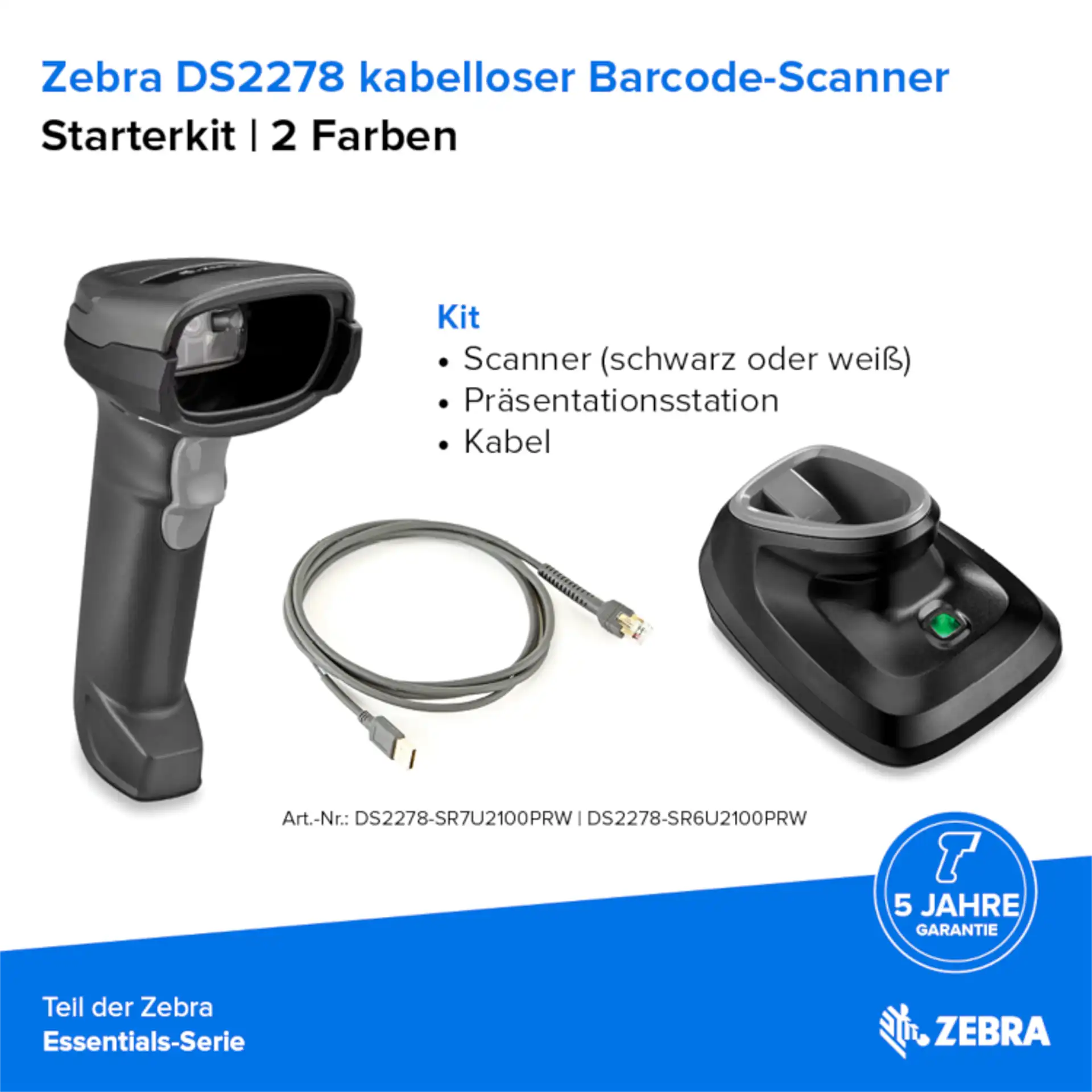 Barcode Scanner Zebra DS2278 – Starterkit mit schwarzem Scanner, Station und Kabel; Frontansicht, Produktinformationen im Bild