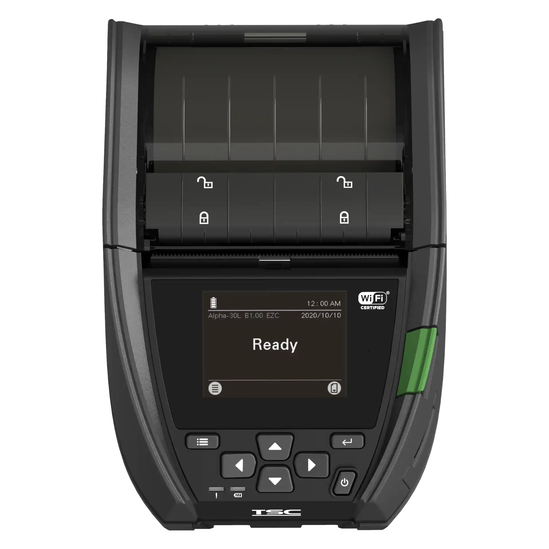 Etikettendrucker TSC Alpha-30L – Draufsicht, Display „Ready“, WLAN-Symbol, Bedienfeld mit Pfeil- und Power-Tasten