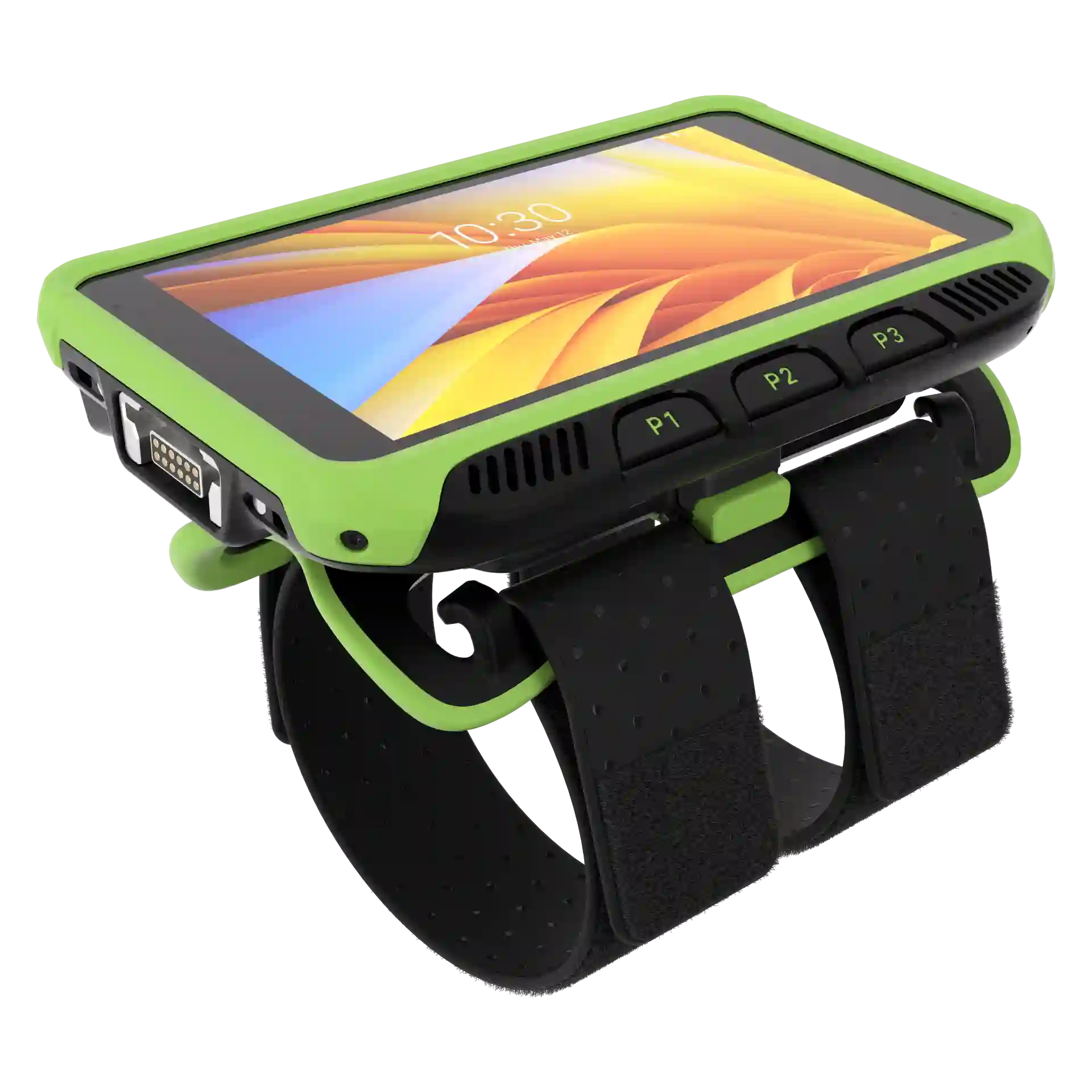 Wearable Zebra WT6400 – schräge Vorderansicht mit Display an, Tasten P1–P3 und Halterung mit zwei Klettriemen