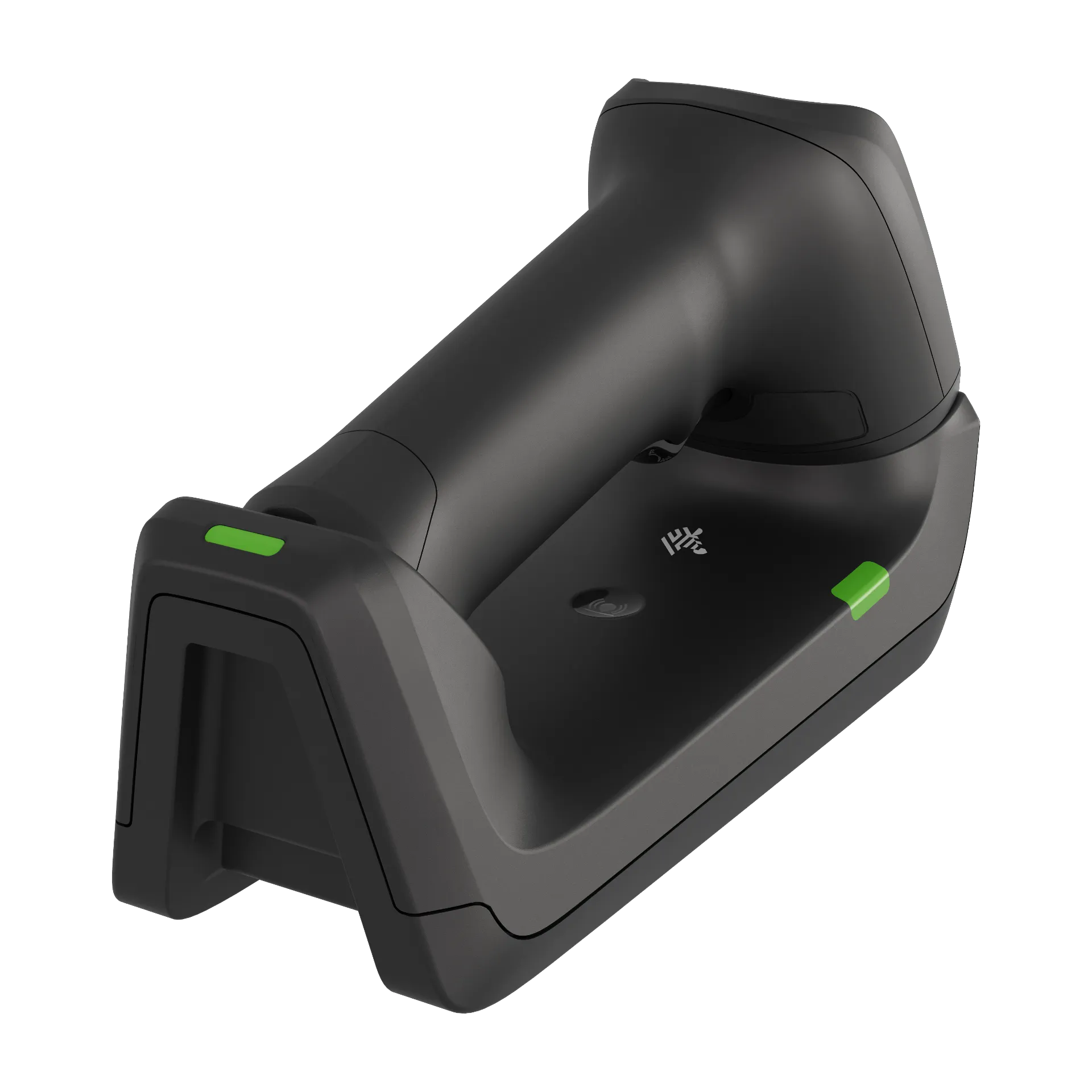 Barcode Scanner Zebra DS8288 in Standard-Cradle – Rückansicht seitlich rechts mit Griff, LEDs und Ladefläche