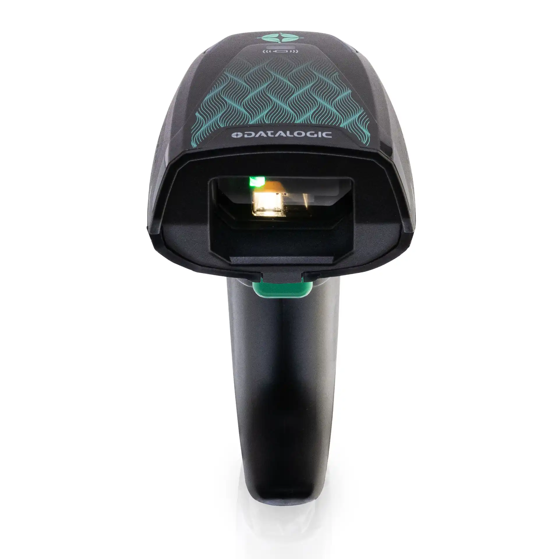 Barcode Scanner Datalogic Gryphon GBT4600 GM4600 – frontale Ansicht von oben, beleuchtetes Scanfenster mit gelbem Licht, grüner Auslöser, Kopf mit türkisem Muster
