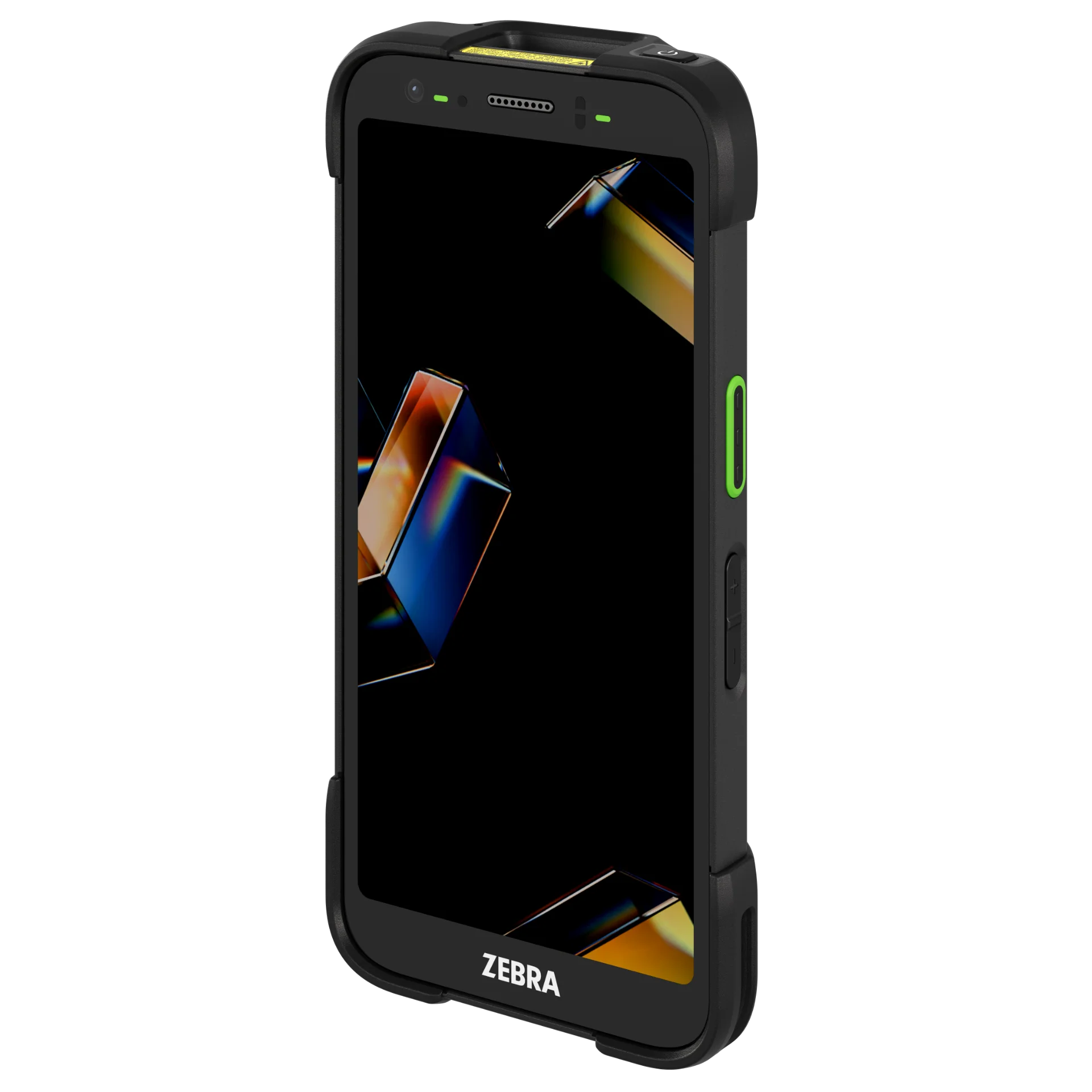 MDE-Gerät Zebra TC701 – schräge Frontansicht mit Display an, Tasten und Sensoren