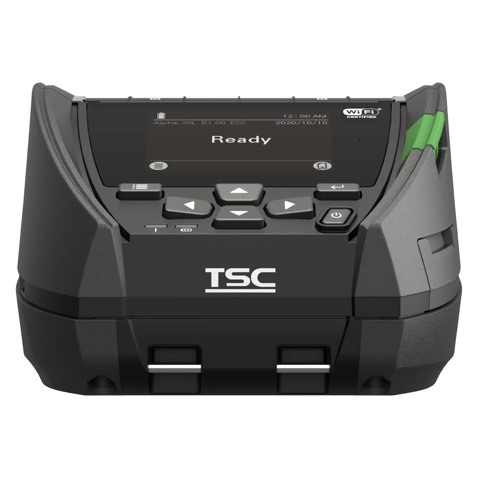Etikettendrucker TSC Alpha-30L – frontale Nahansicht, Display „Ready“, TSC-Logo, Pfeil- und Power-Tasten