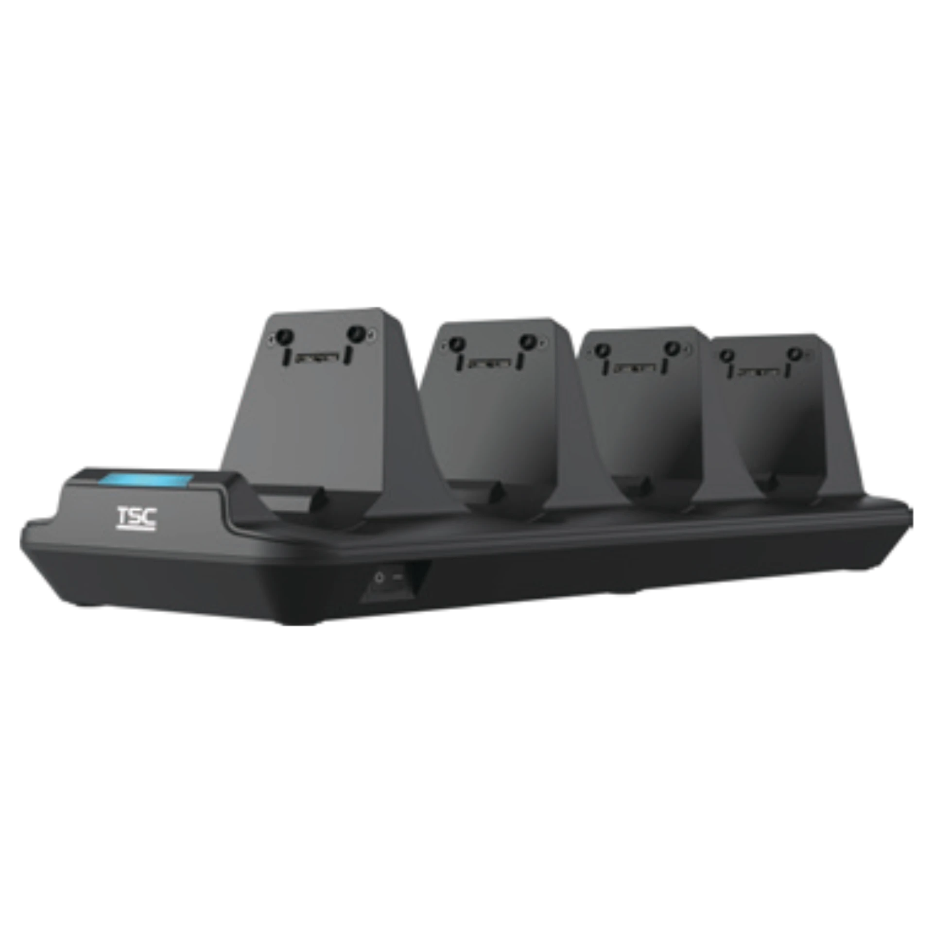 Etikettendrucker TSC Alpha-30L und Alpha-40L 4-fach Ladestation, schräge Frontansicht mit vier Halterungen, TSC-Logo und Anschluss vorne