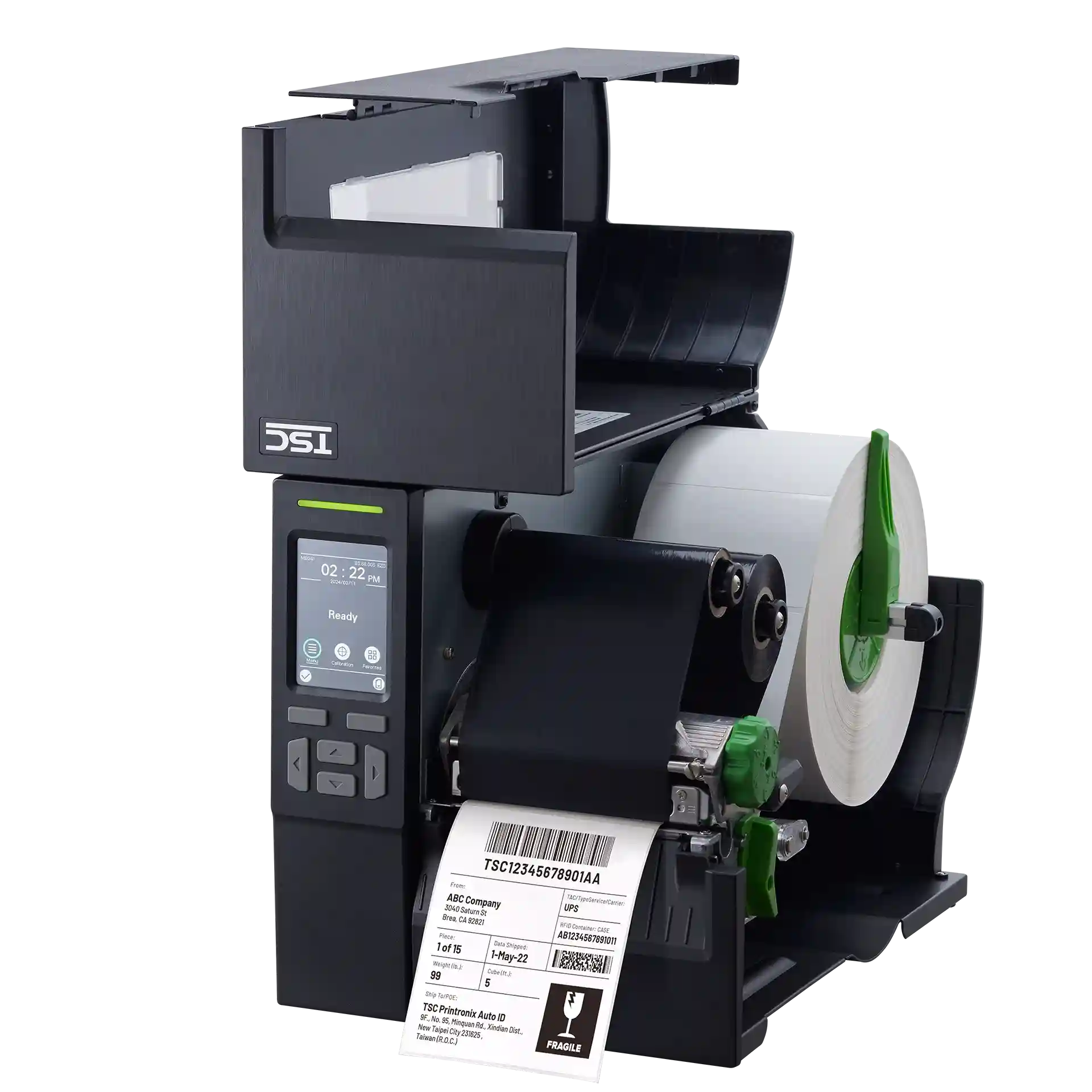 TSC MB241T Etikettendrucker, offen, seitlich, Etikettenrolle und -führung sichtbar, Display eingeschaltet.