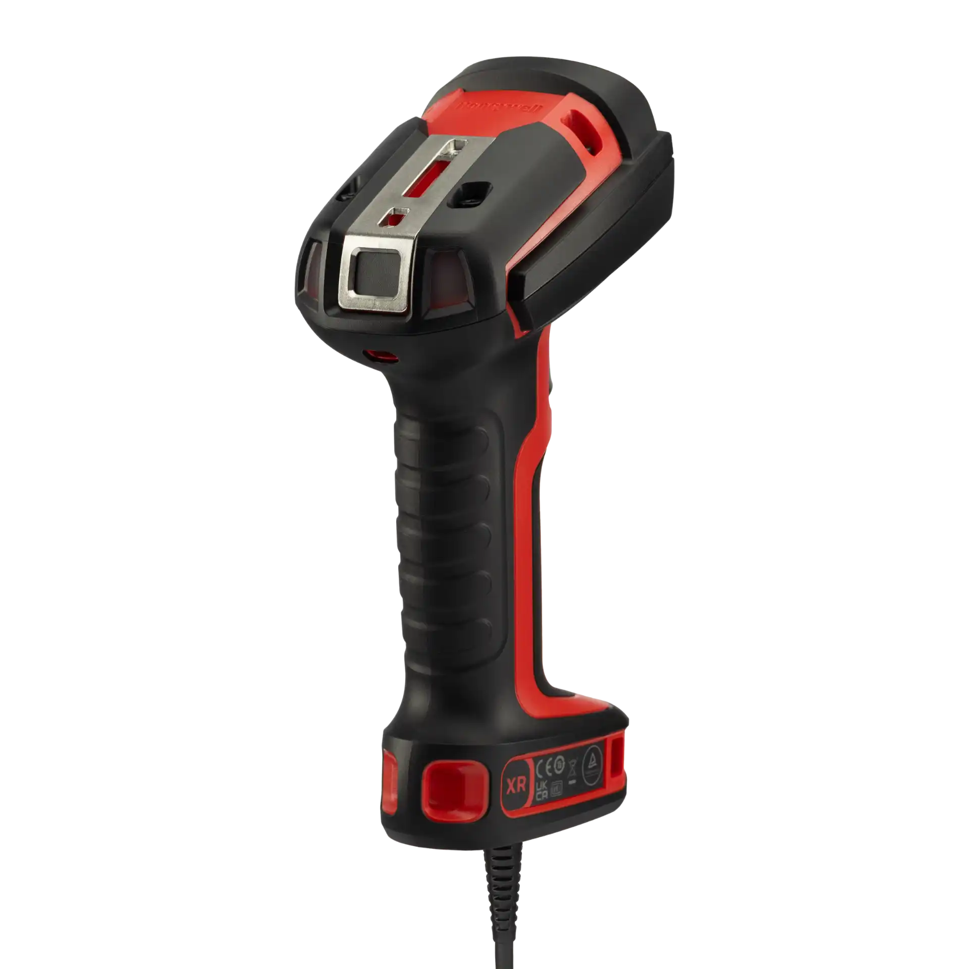 Barcode-Scanner Honeywell Granit Ultra 2100i XR – schräge Rückansicht rechts mit Metallbügel, XR-Kennzeichnung, roten Bedienelementen und Kabel.