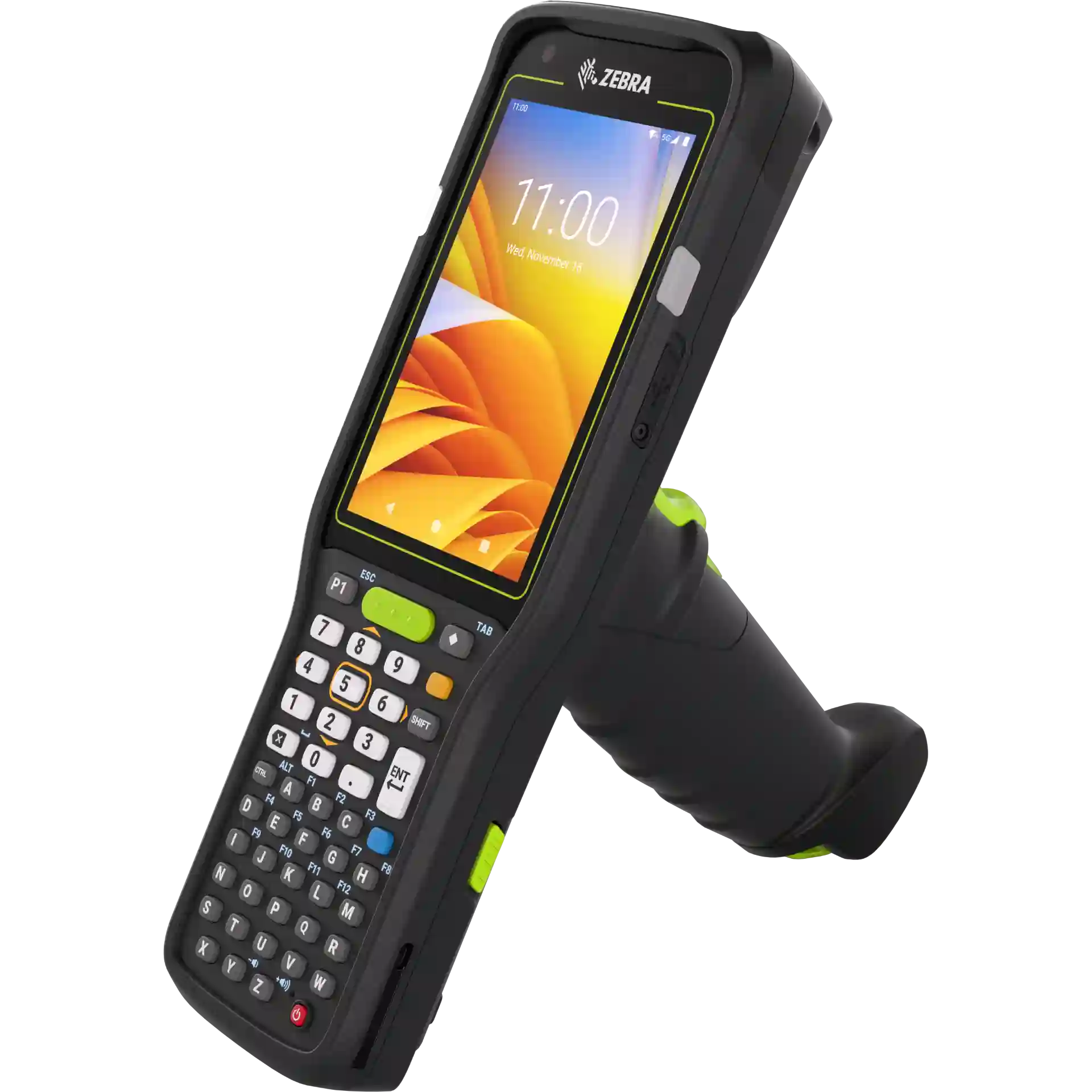 MDE Gerät Zebra MC3400/MC3450 mit Pistolengriff schräg rechts, 47-Tasten-Tastatur, Display an.