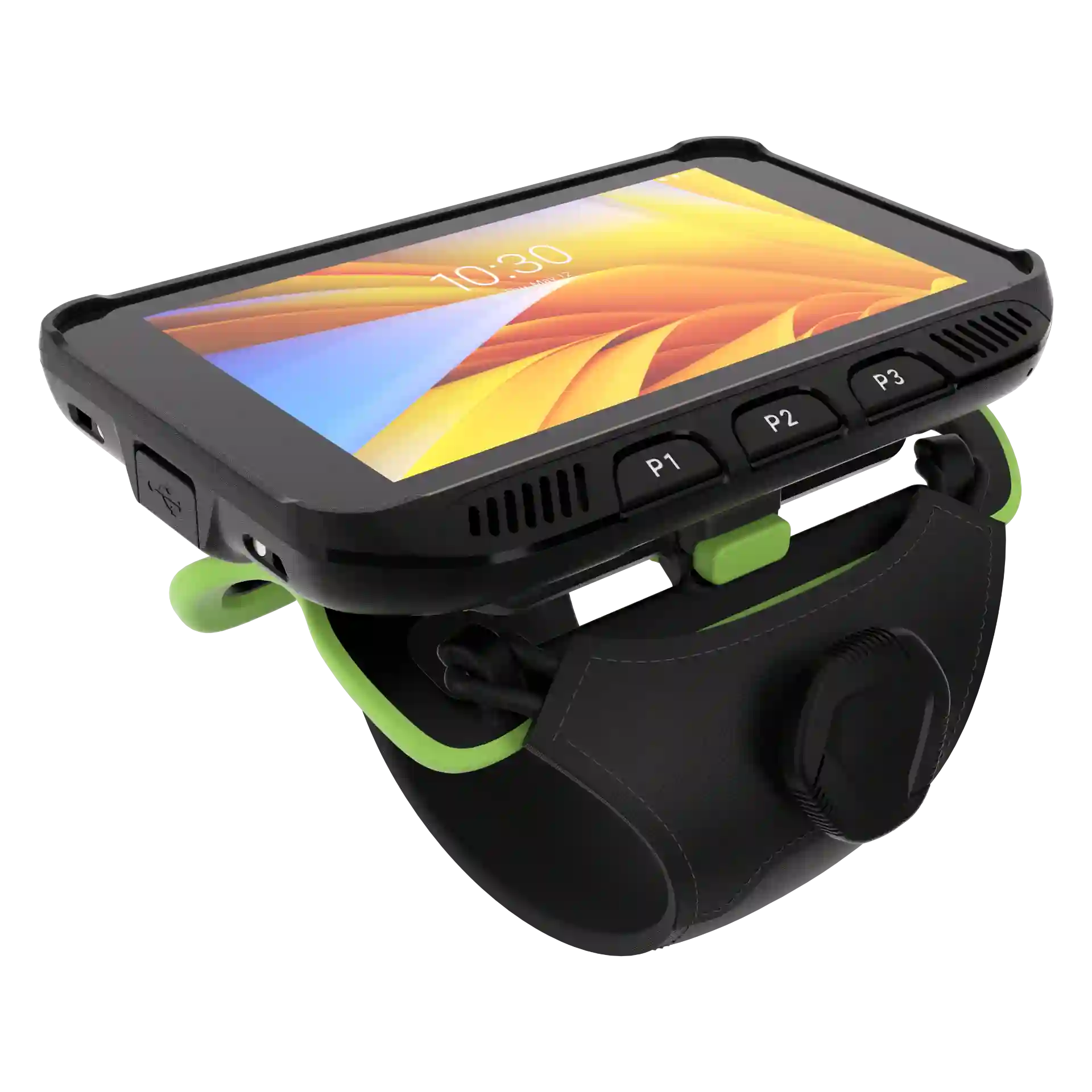 Wearable Zebra WT5400 – Linke vordere Ansicht mit Handgelenkhalterung und Einzelriemen